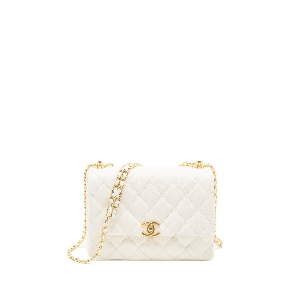 CHANEL 21K COCO FIRST CAVIAR WHITE BRUSHED GHW (MICROCHIP)