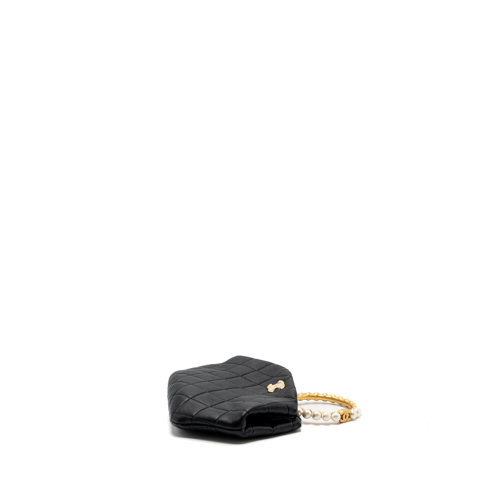 CHANEL PEARL ROUND HANDLE EVENING CLUTCH LAMBSKIN BLACK GHW (MICROCHIP)