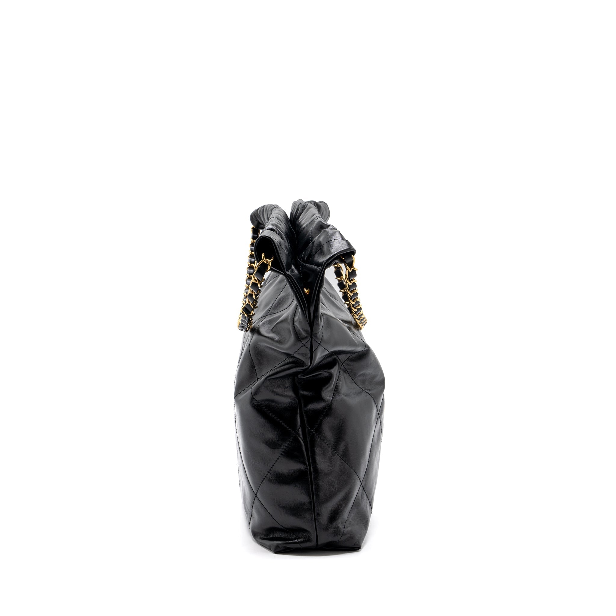 CHANEL MEDIUM 22 BAG GOLD LETTER SHINY CALFSKIN BLACK GHW(MICROCHIP)