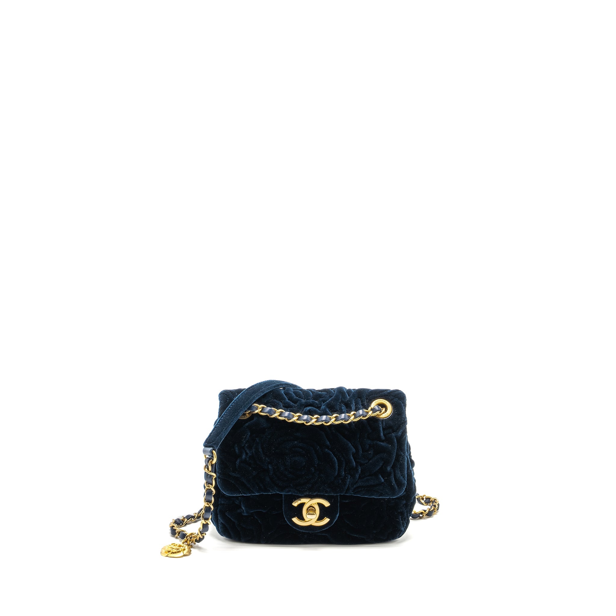 CHANEL CAMELLIA EMBOSSED MINI SQUARE FLAP BAG VELVET NAVY GHW (MICROCHIP)