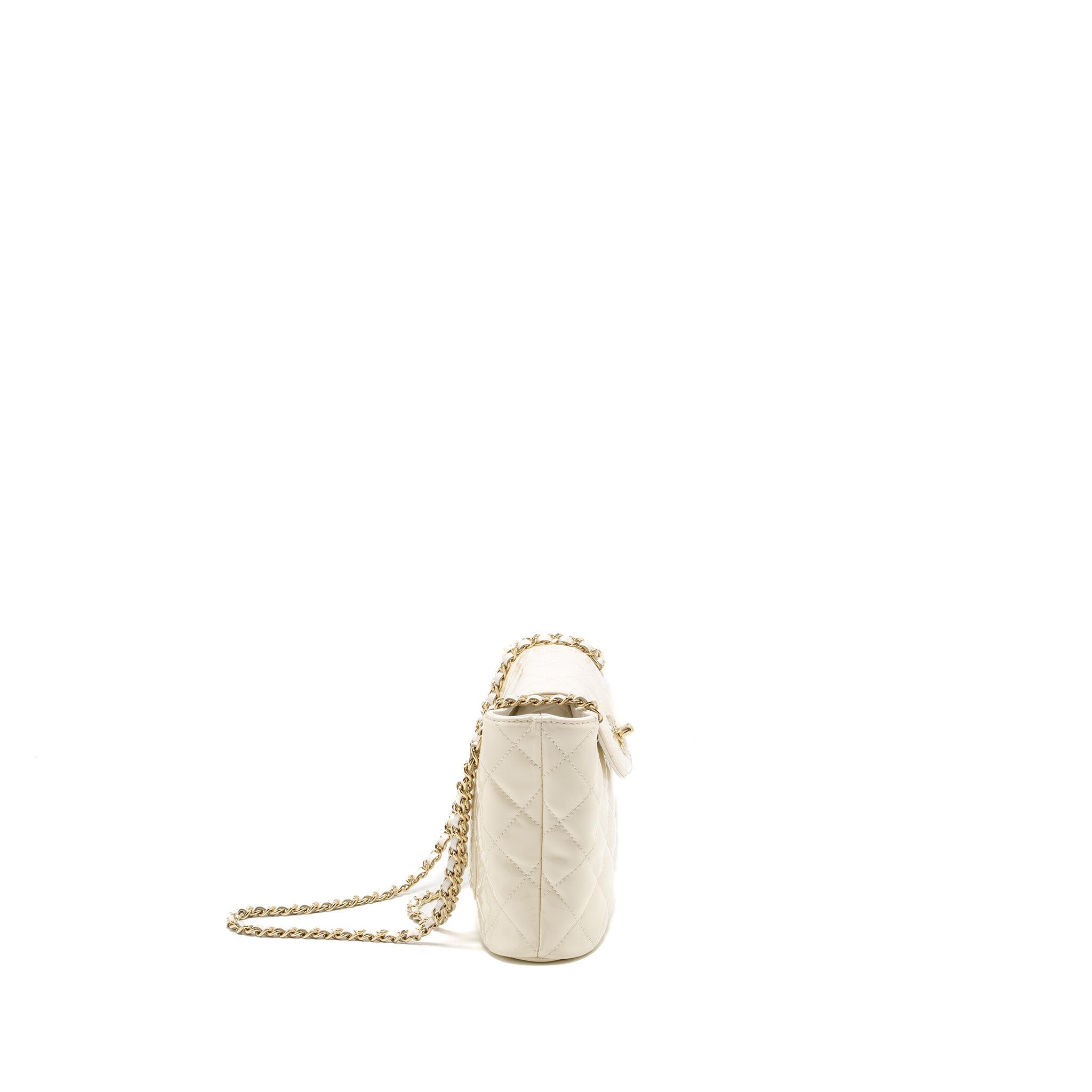 CHANEL SEASONAL SQUARE FLAP BAG WITH CHAIN PATENT WHITE LGHW (MICROCHIP)
