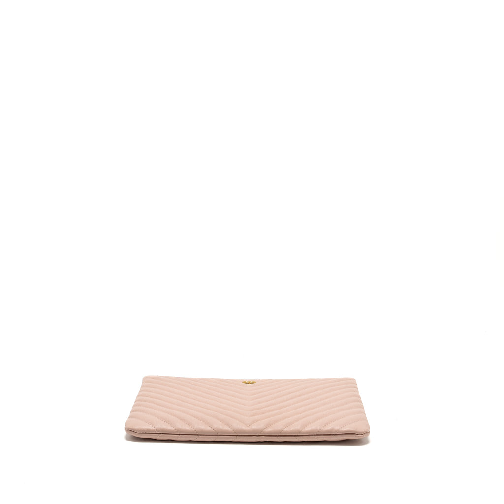 CHANEL CHEVRON ZIP CLUTCH CALFSKIN LIGHT PINK GHW