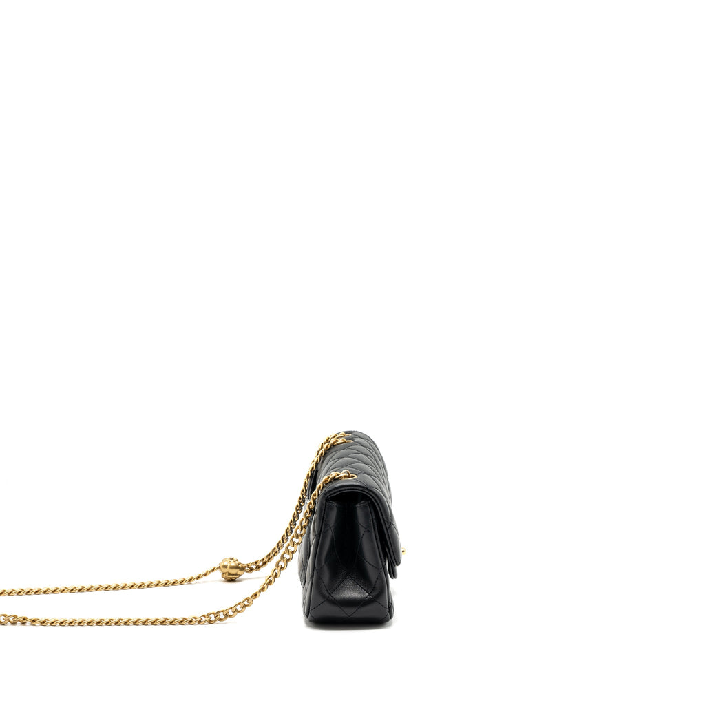 CHANEL 23S CAMELLIA ADJUSTABLE CHAIN MINI RECTANGULAR FLAP BAG LAMBSKIN BLACK GHW (MICROCHIP)