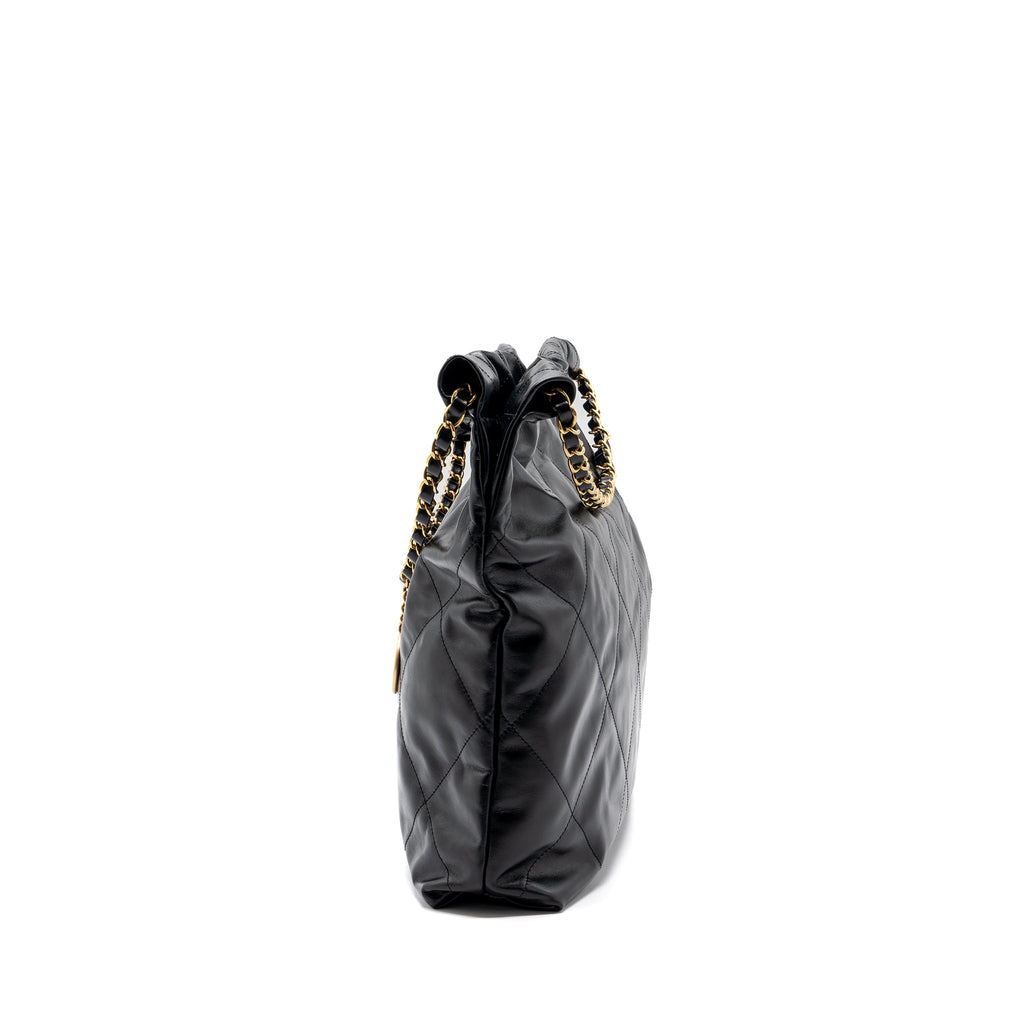 CHANEL MEDIUM 22 BAG GOLD LETTER SHINY CALFSKIN BLACK GHW(MICROCHIP)