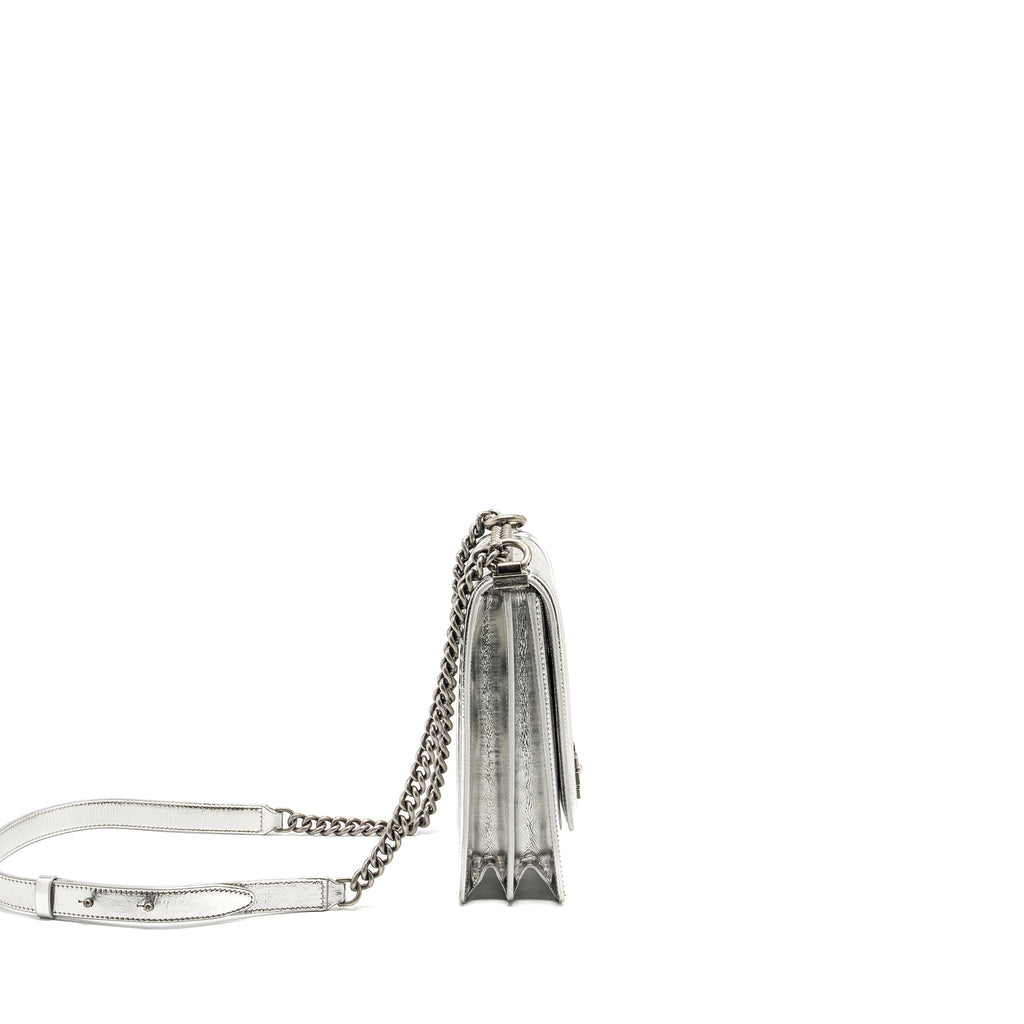 CHANEL BOY NORTH SOUTH FLAP BAG PATENT /GOATSKIN SILVER RUTHENIUM HARDWARE