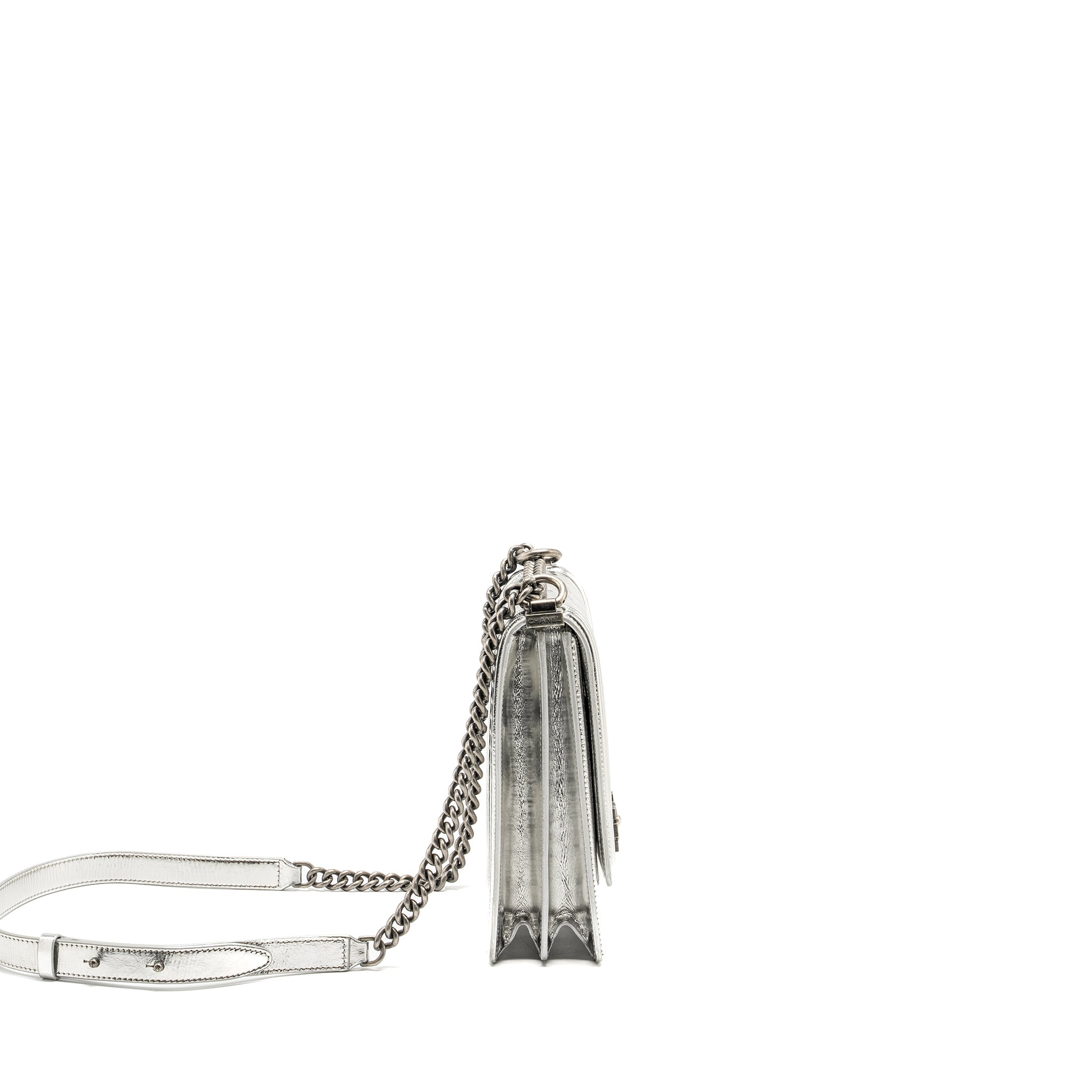 CHANEL BOY NORTH SOUTH FLAP BAG PATENT /GOATSKIN SILVER RUTHENIUM HARDWARE
