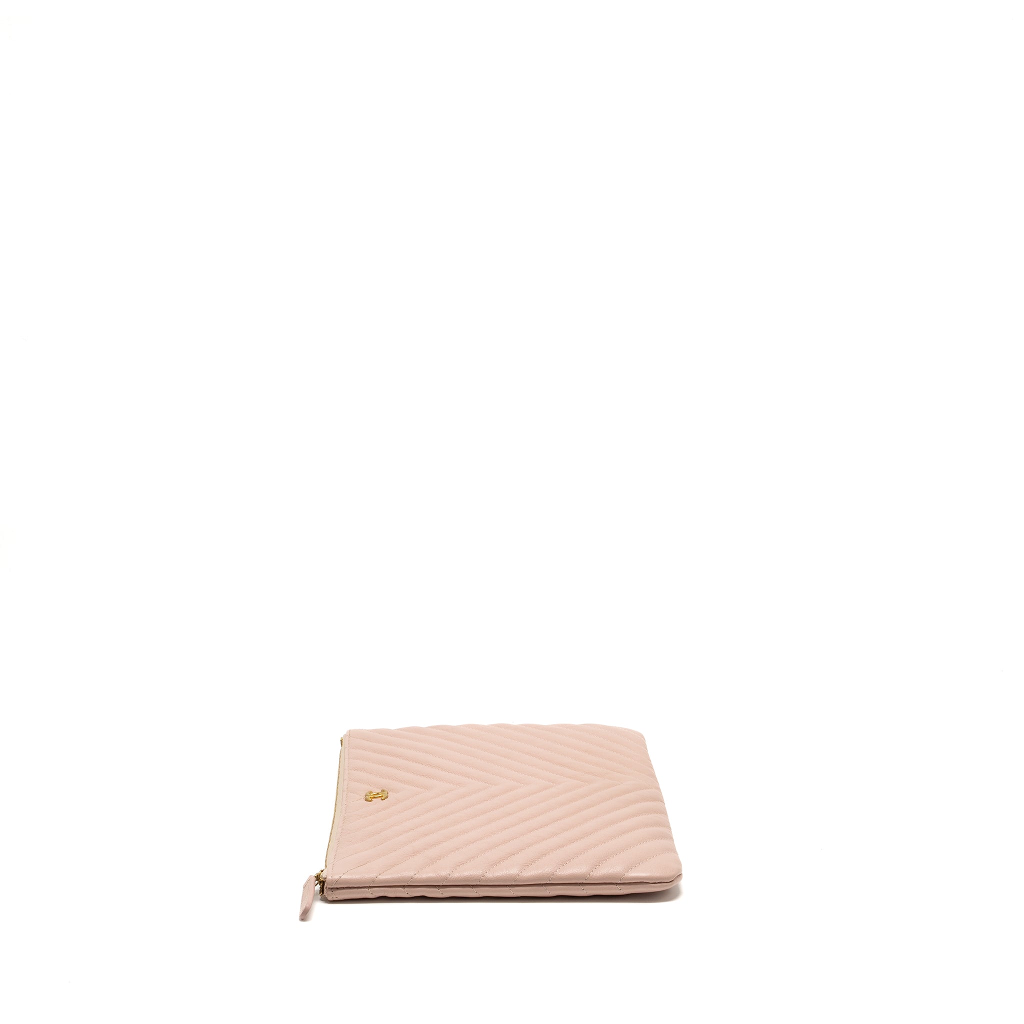 CHANEL CHEVRON ZIP CLUTCH CALFSKIN LIGHT PINK GHW