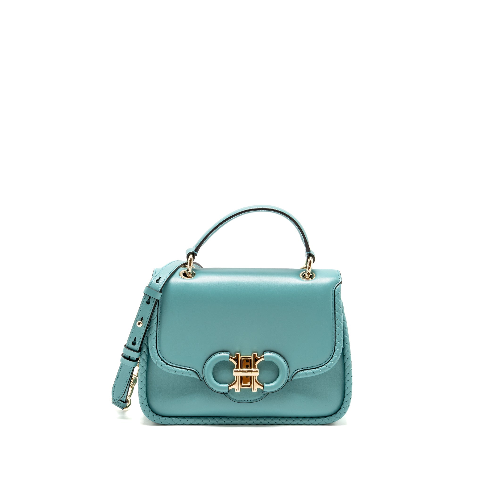SALVATORE FERRAGAMO TOP HANDLE FLAP LOCK BAG CALFSKIN TURQUOISE LGHW