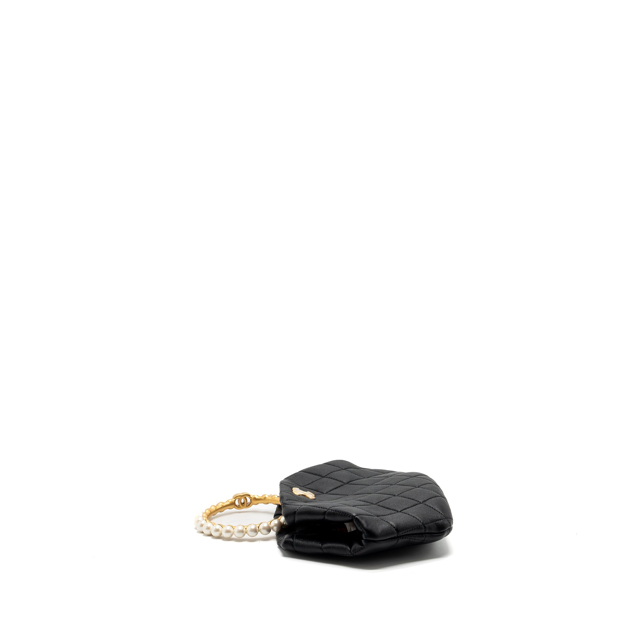 CHANEL PEARL ROUND HANDLE EVENING CLUTCH LAMBSKIN BLACK GHW (MICROCHIP)