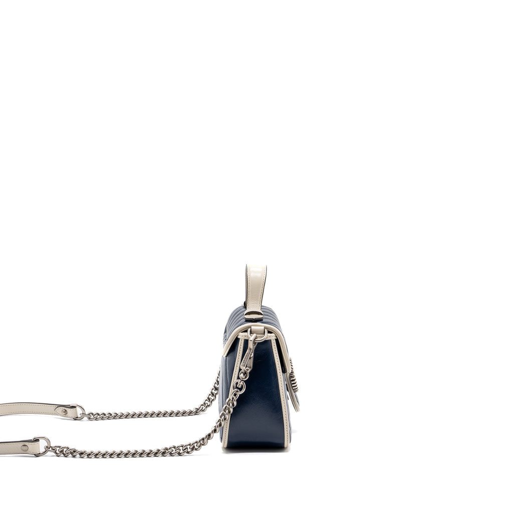 GUCCI GG MARMONT TOP HANDLE BAG CALFSKIN NAVY/ WHITE SHW
