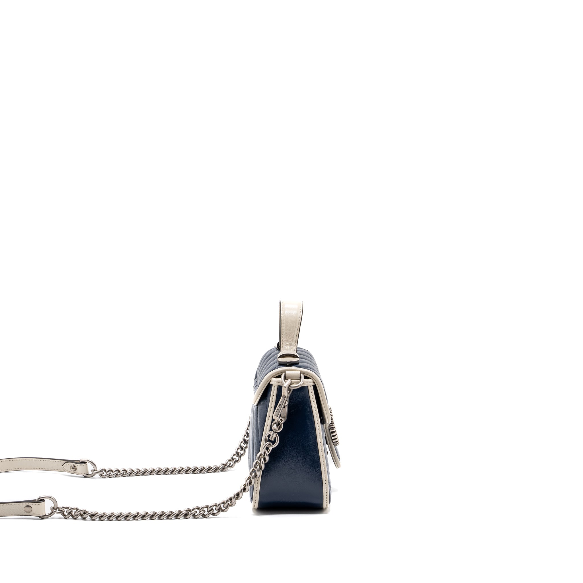 GUCCI GG MARMONT TOP HANDLE BAG CALFSKIN NAVY/ WHITE SHW