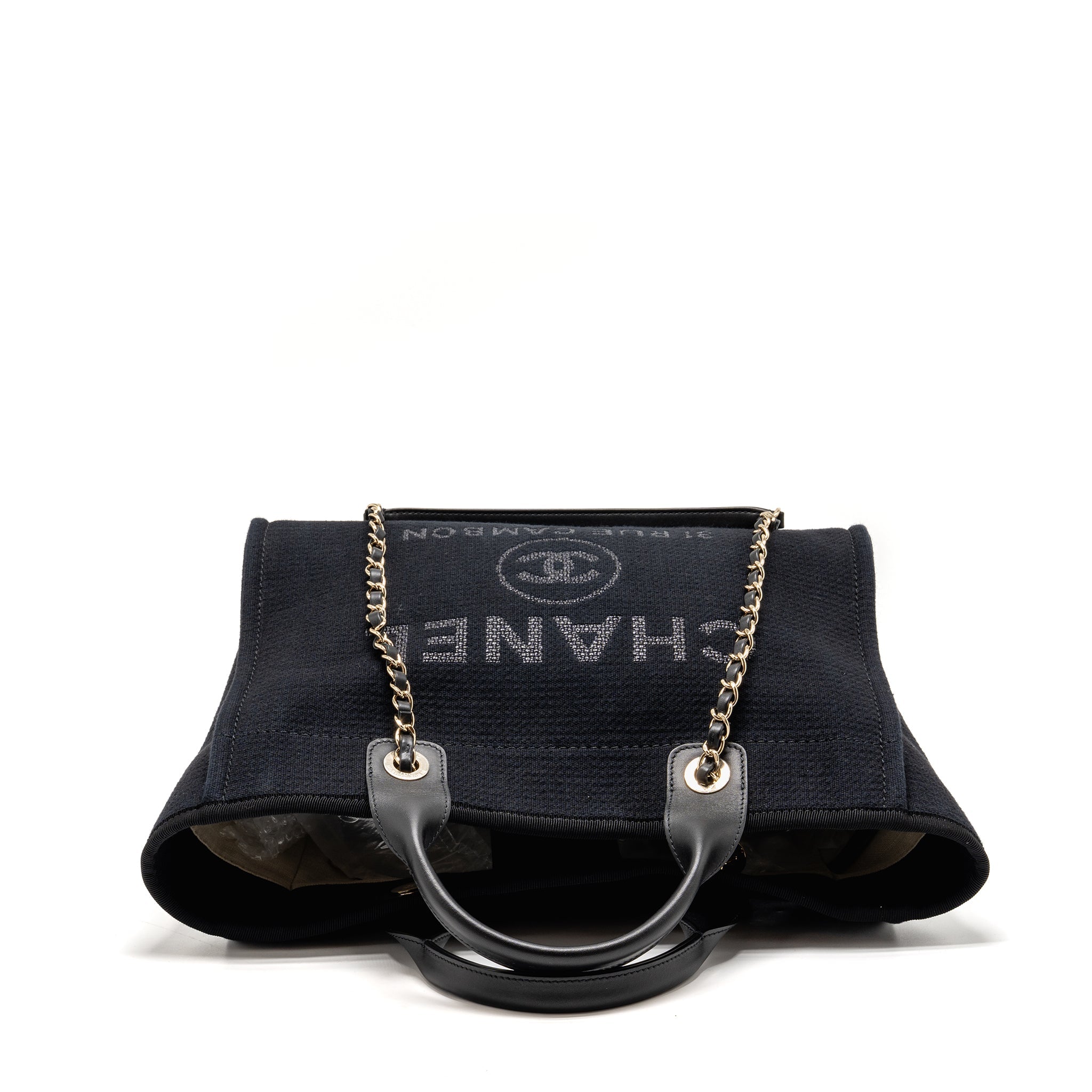 CHANEL DEAUVILLE TOTE BAG CANVAS/CALFSKIN BLACK LGHW (MICROCHIP)