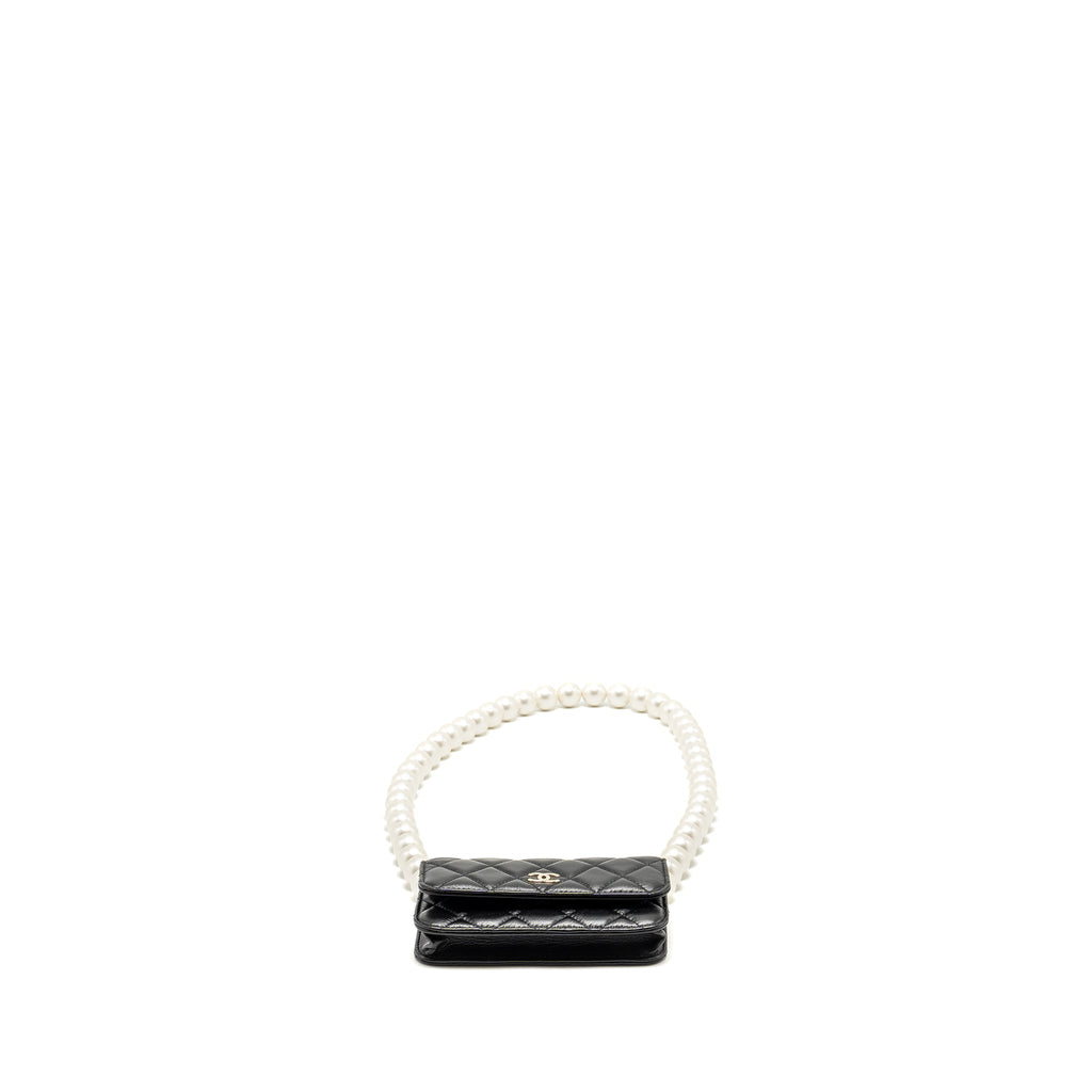CHANEL CC LOGO CLUTCH WITH GIANT PEARL CHAIN LAMBSKIN BLACK LGHW