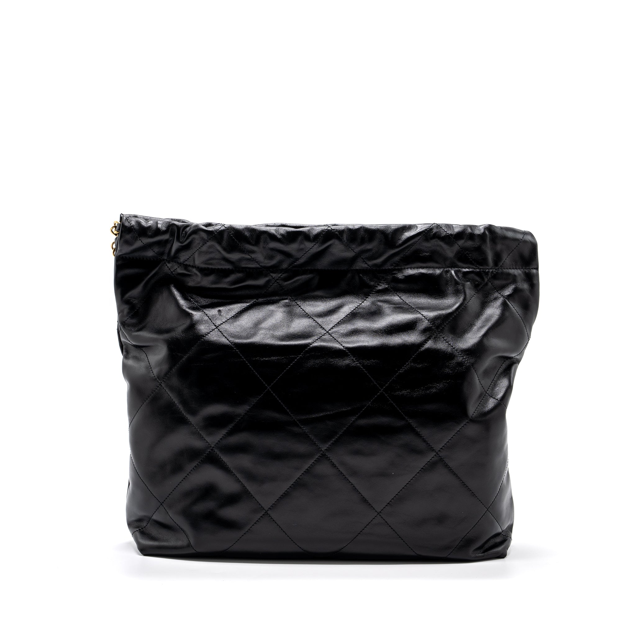 CHANEL MEDIUM 22 BAG GOLD LETTER SHINY CALFSKIN BLACK GHW(MICROCHIP)