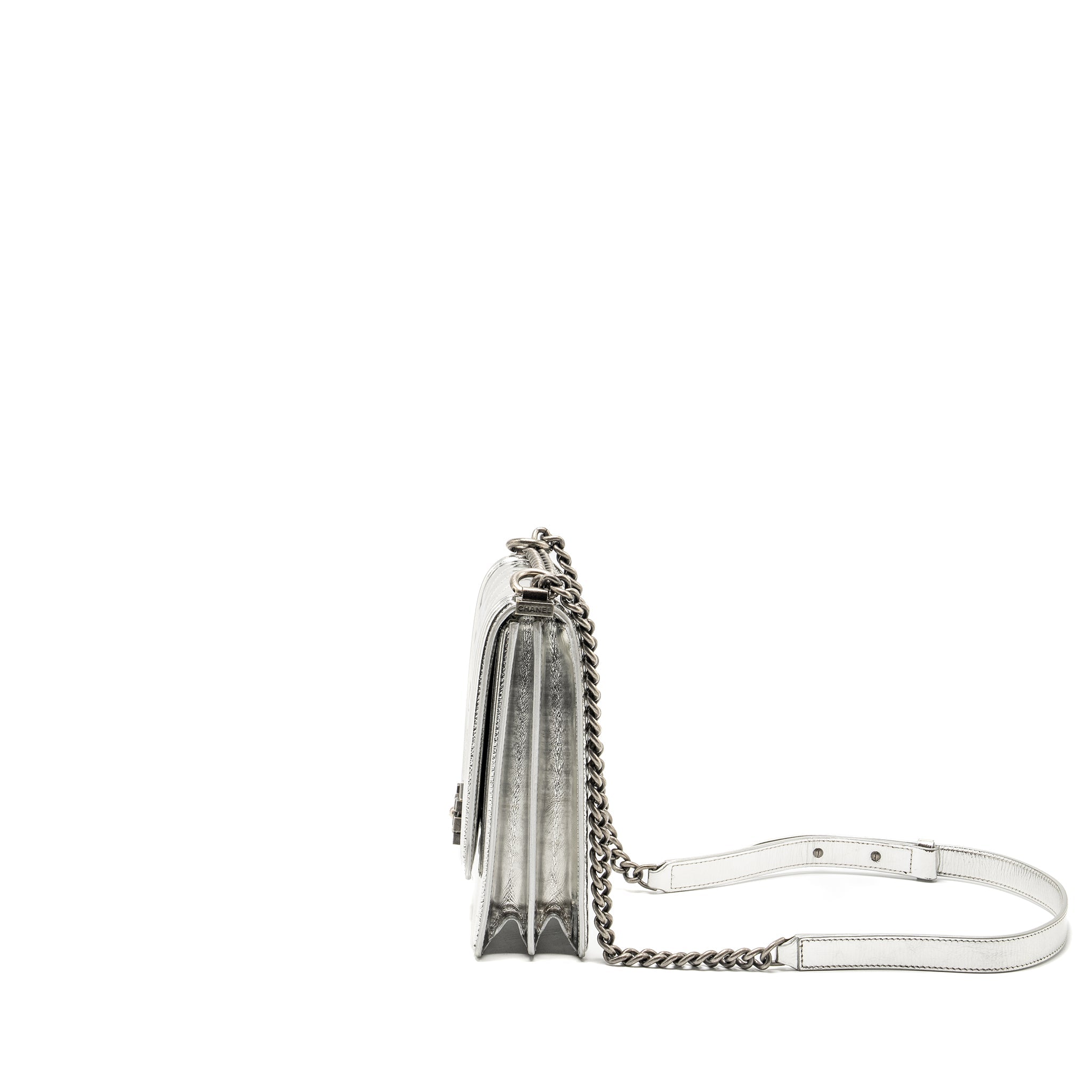 CHANEL BOY NORTH SOUTH FLAP BAG PATENT /GOATSKIN SILVER RUTHENIUM HARDWARE