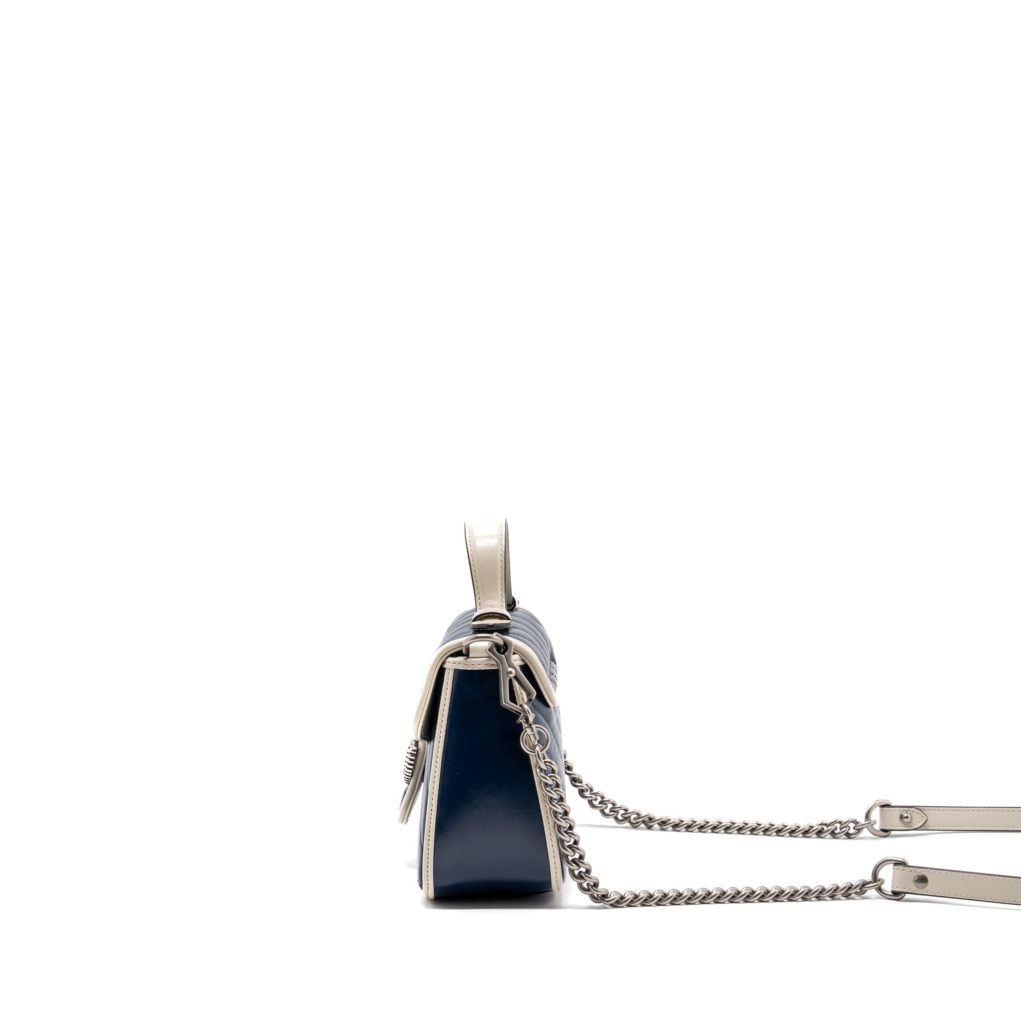 GUCCI GG MARMONT TOP HANDLE BAG CALFSKIN NAVY/ WHITE SHW