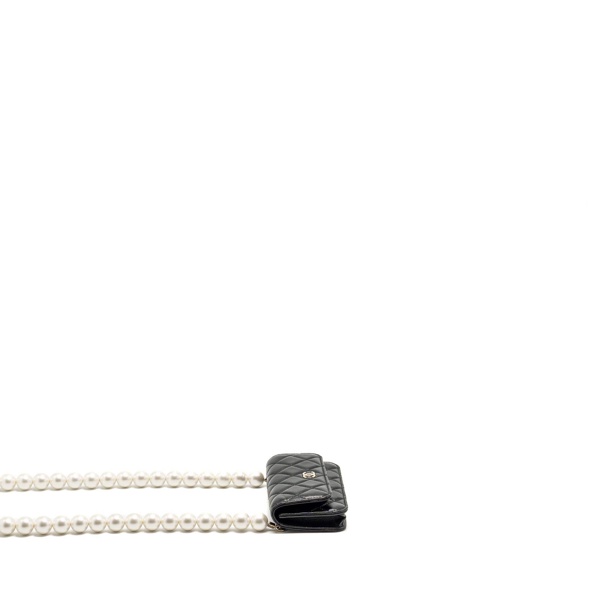 CHANEL CC LOGO CLUTCH WITH GIANT PEARL CHAIN LAMBSKIN BLACK LGHW