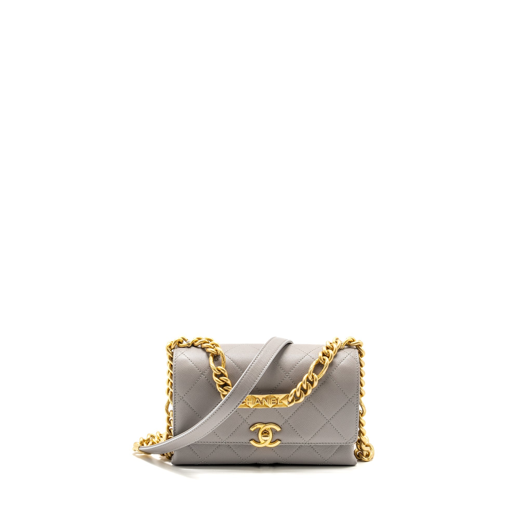 CHANEL MINI QUILTED FLAP BAG WITH CHAIN HANDLE CAVIAR GREY GHW (MICROCHIP)