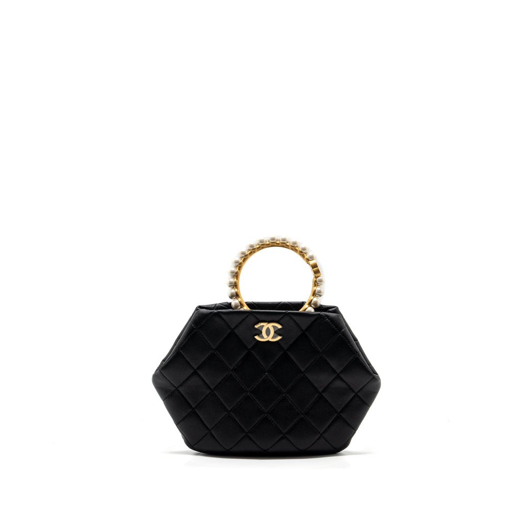 CHANEL PEARL ROUND HANDLE EVENING CLUTCH LAMBSKIN BLACK GHW (MICROCHIP)