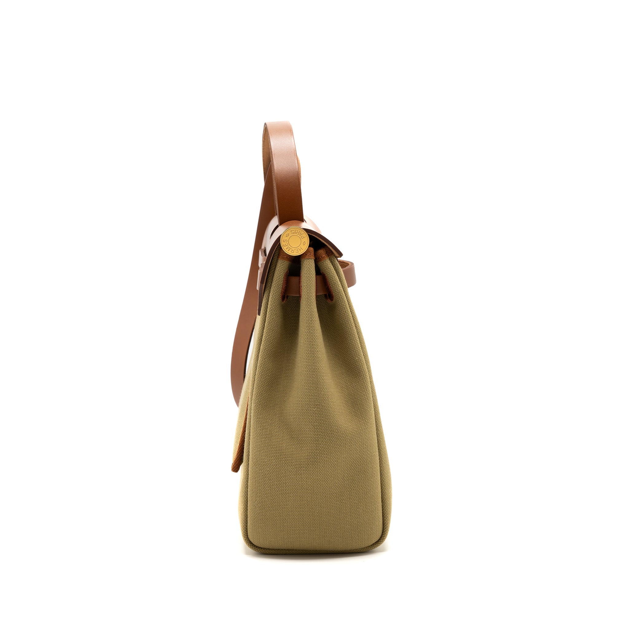 HERMES HERBAG 31 ZIP BAG RETOURNE CANVAS/VACHE HUNTER POUSSIERE/FAUVE GHW
