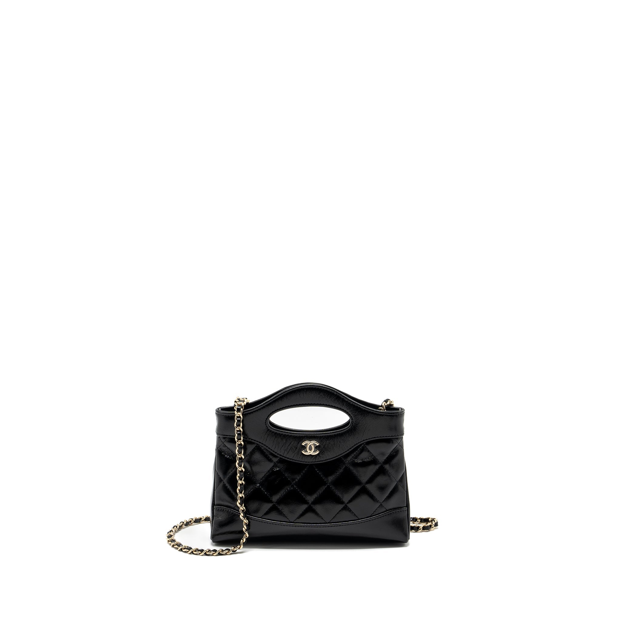 CHANEL 24S 31 MINI CLUTCH WITH CHAIN SHINY LAMBSKIN BLACK LGHW (MICROCHIP)
