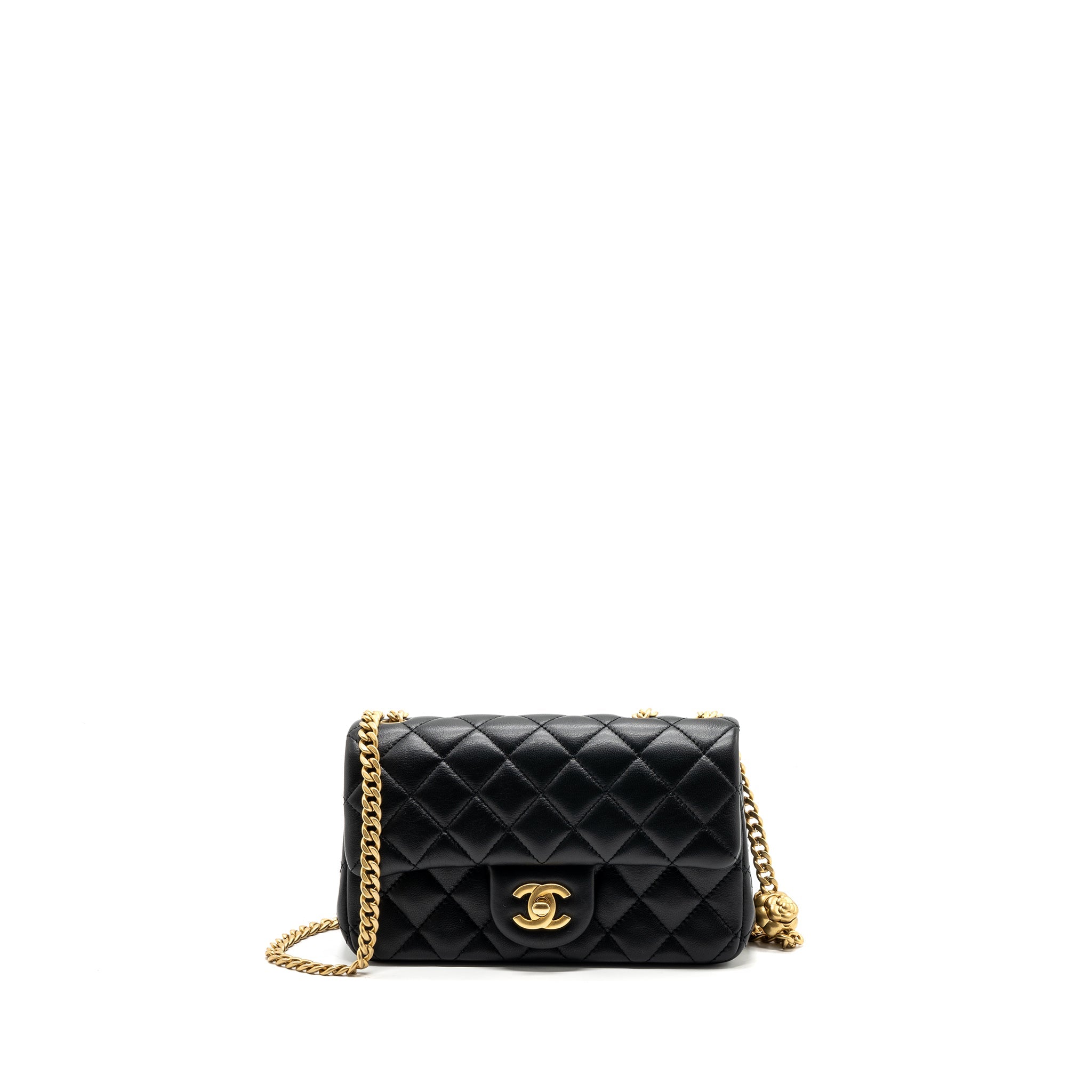 CHANEL 23S CAMELLIA ADJUSTABLE CHAIN MINI RECTANGULAR FLAP BAG LAMBSKIN BLACK GHW (MICROCHIP)