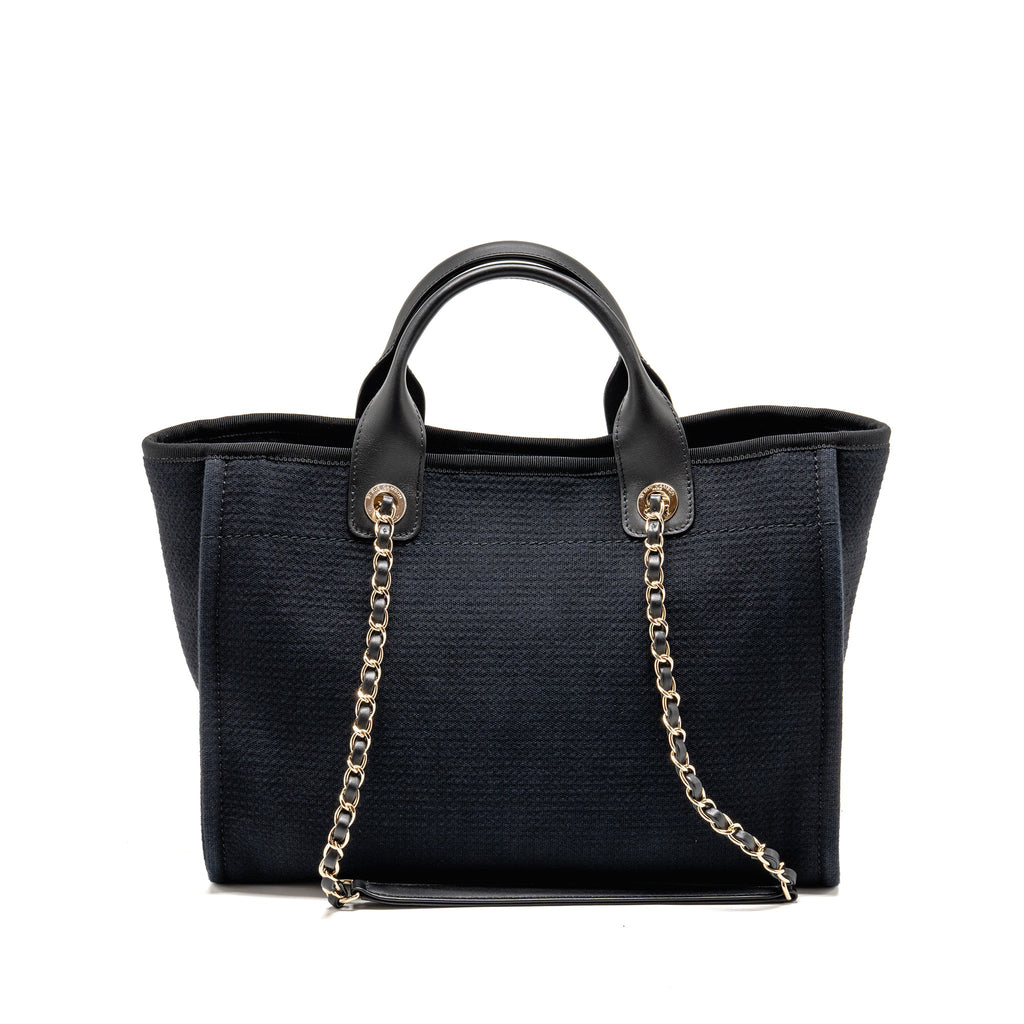 CHANEL DEAUVILLE TOTE BAG CANVAS/CALFSKIN BLACK LGHW (MICROCHIP)