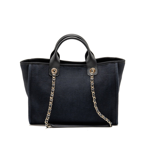 CHANEL DEAUVILLE TOTE BAG CANVAS/CALFSKIN BLACK LGHW (MICROCHIP)