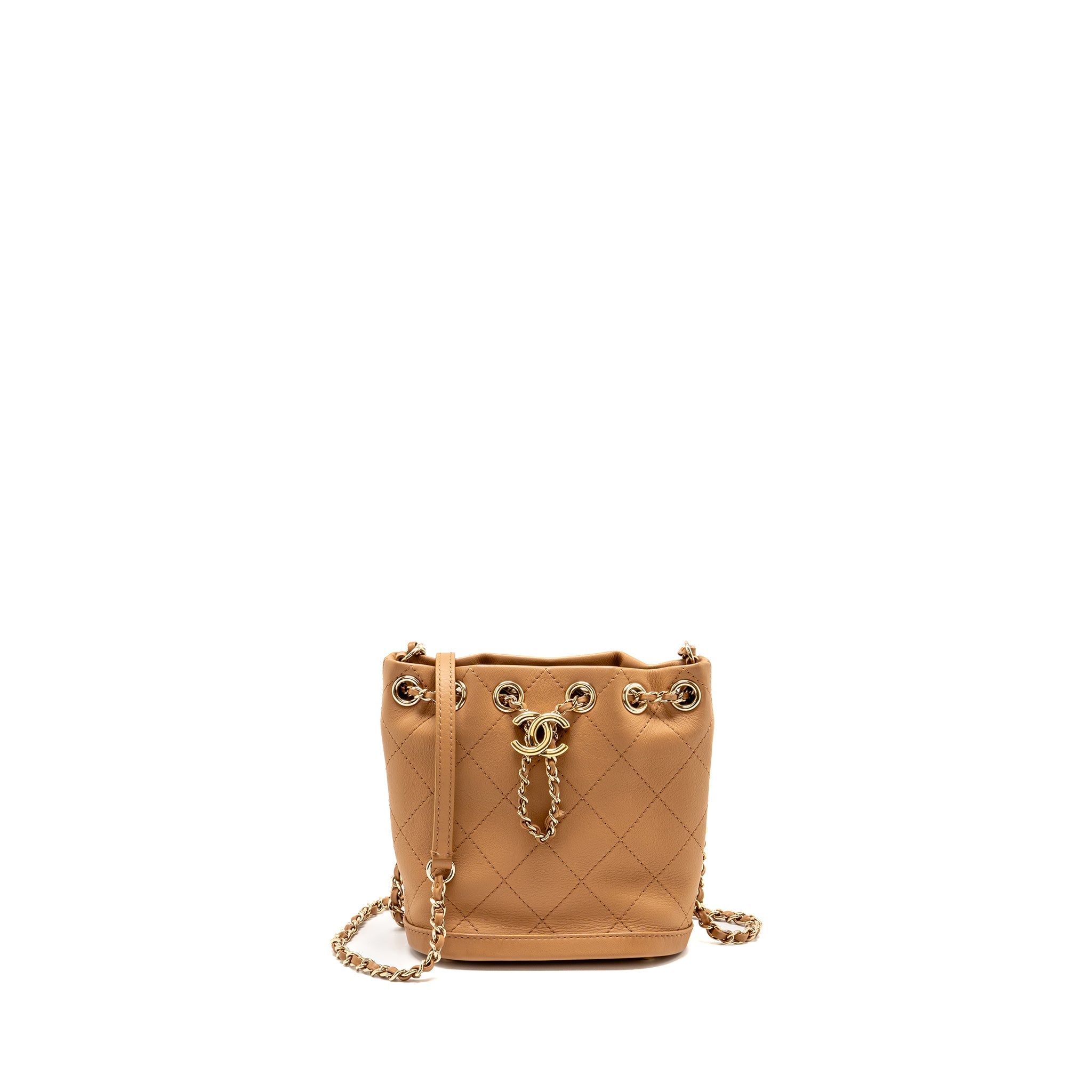 CHANEL MINI DRAWSTRING BUCKET BAG CALFSKIN DARK BEIGE LGHW
