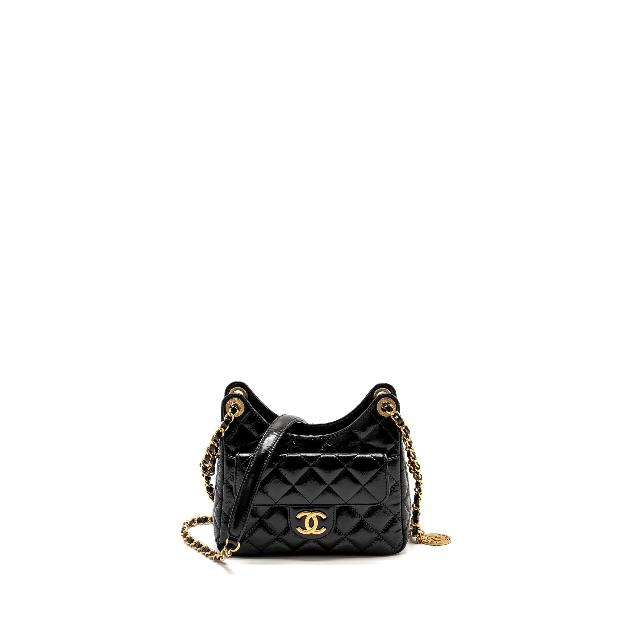 CHANEL 23C SMALL HOBO BAG SHINY CALFSKIN BLACK BRUSHED GHW(MICROCHIP)