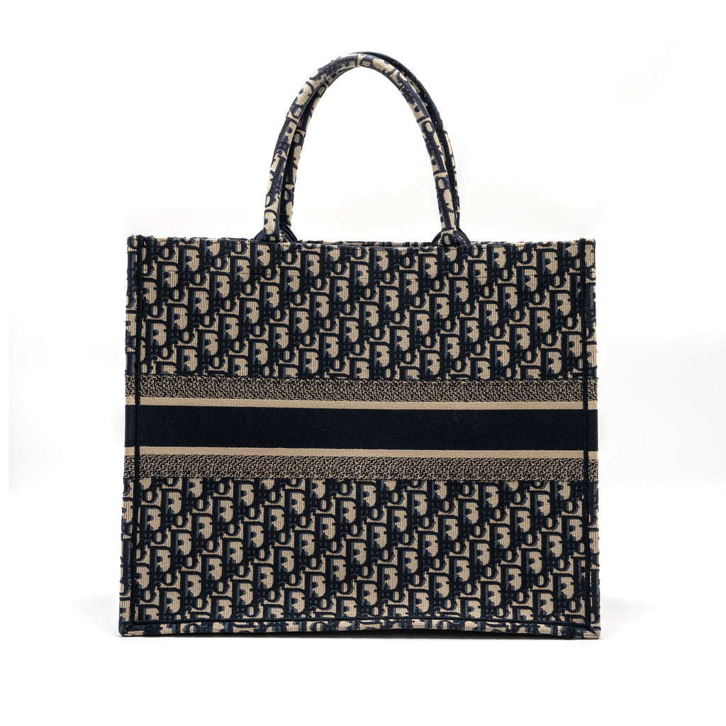 DIOR LARGE BOOK TOTE ECRU AND BLUE DIOR OBLIQUE EMBROIDERY