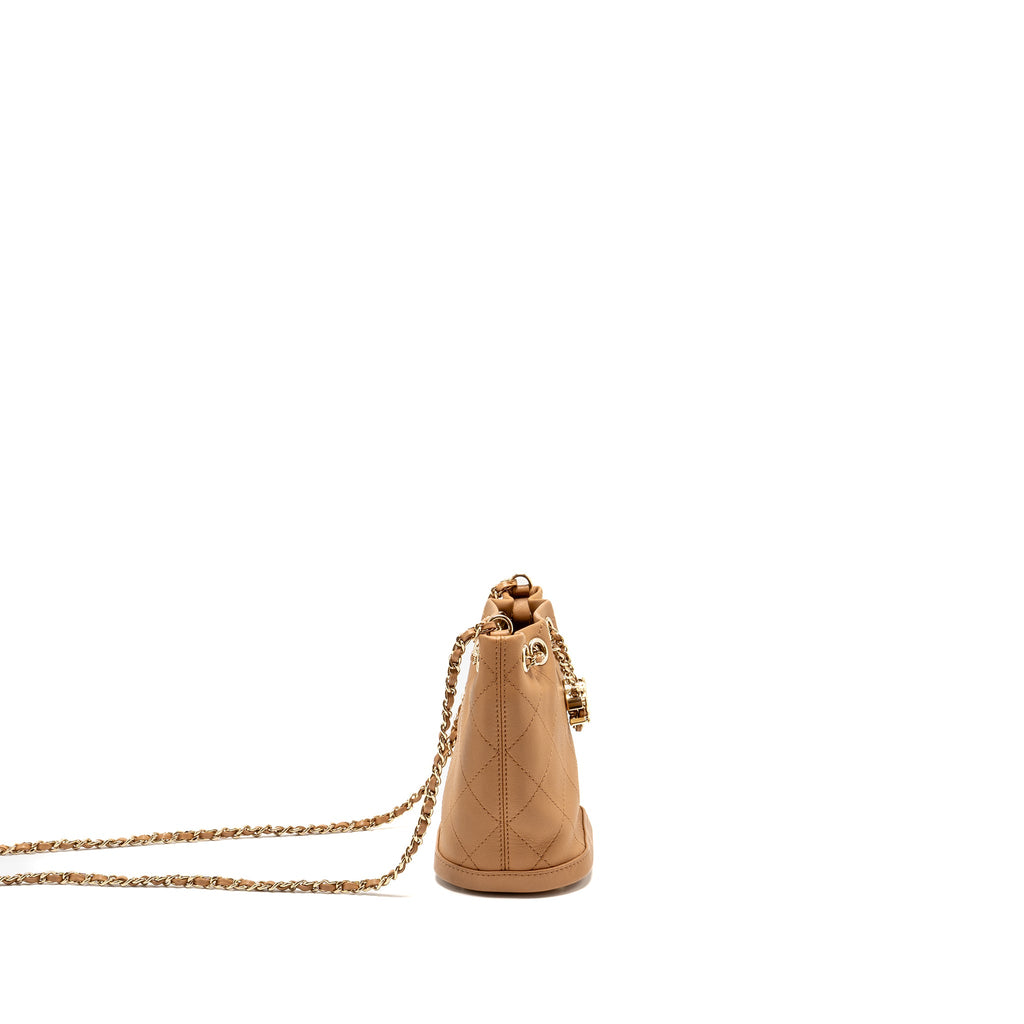 CHANEL MINI DRAWSTRING BUCKET BAG CALFSKIN DARK BEIGE LGHW