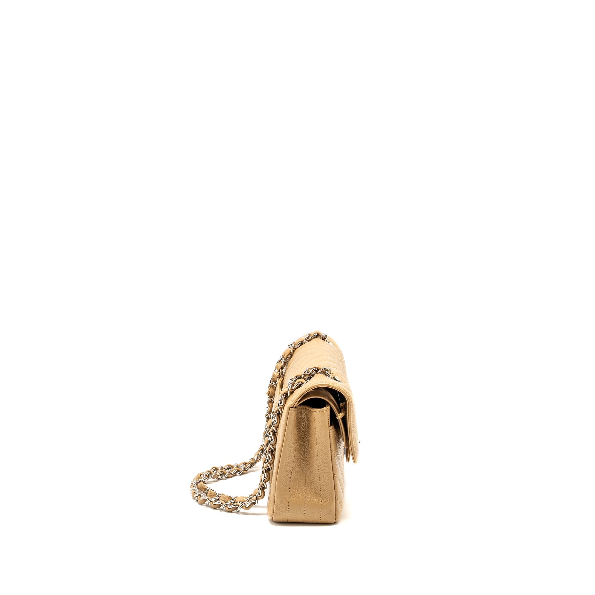 CHANEL SMALL CLASSIC DOUBLE FLAP BAG CHEVRON CAVIAR BEIGE SHW