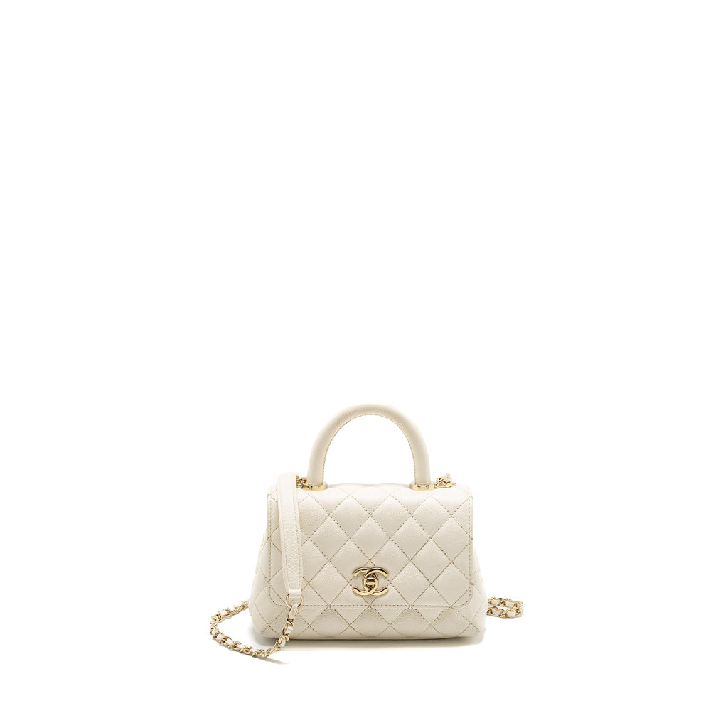CHANEL MINI COCO HANDLE CAVIAR WHITE LGHW (MICROCHIP)
