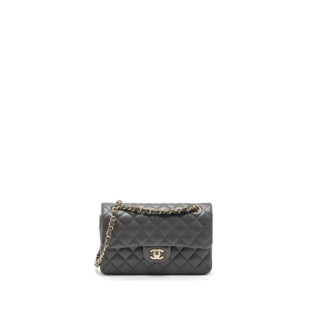 CHANEL 22A SMALL CLASSIC DOUBLE FLAP BAG LAMBSKIN GREY LGHW(MICROCHIP)