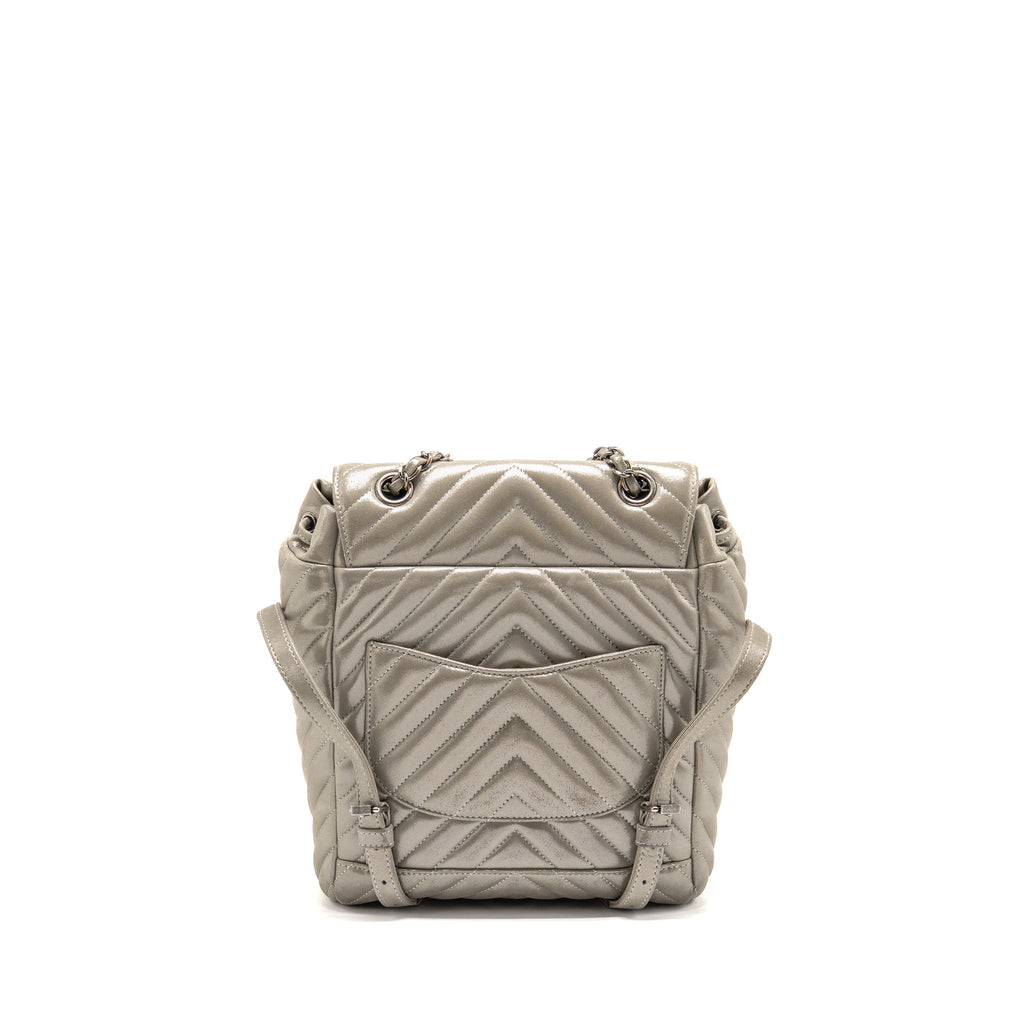 CHANEL SMALL URBAN SPIRIT BACKPACK CHEVRON CALFSKIN IRIDESCENT LIGHT GREY RUTHENIUM HARDWARE
