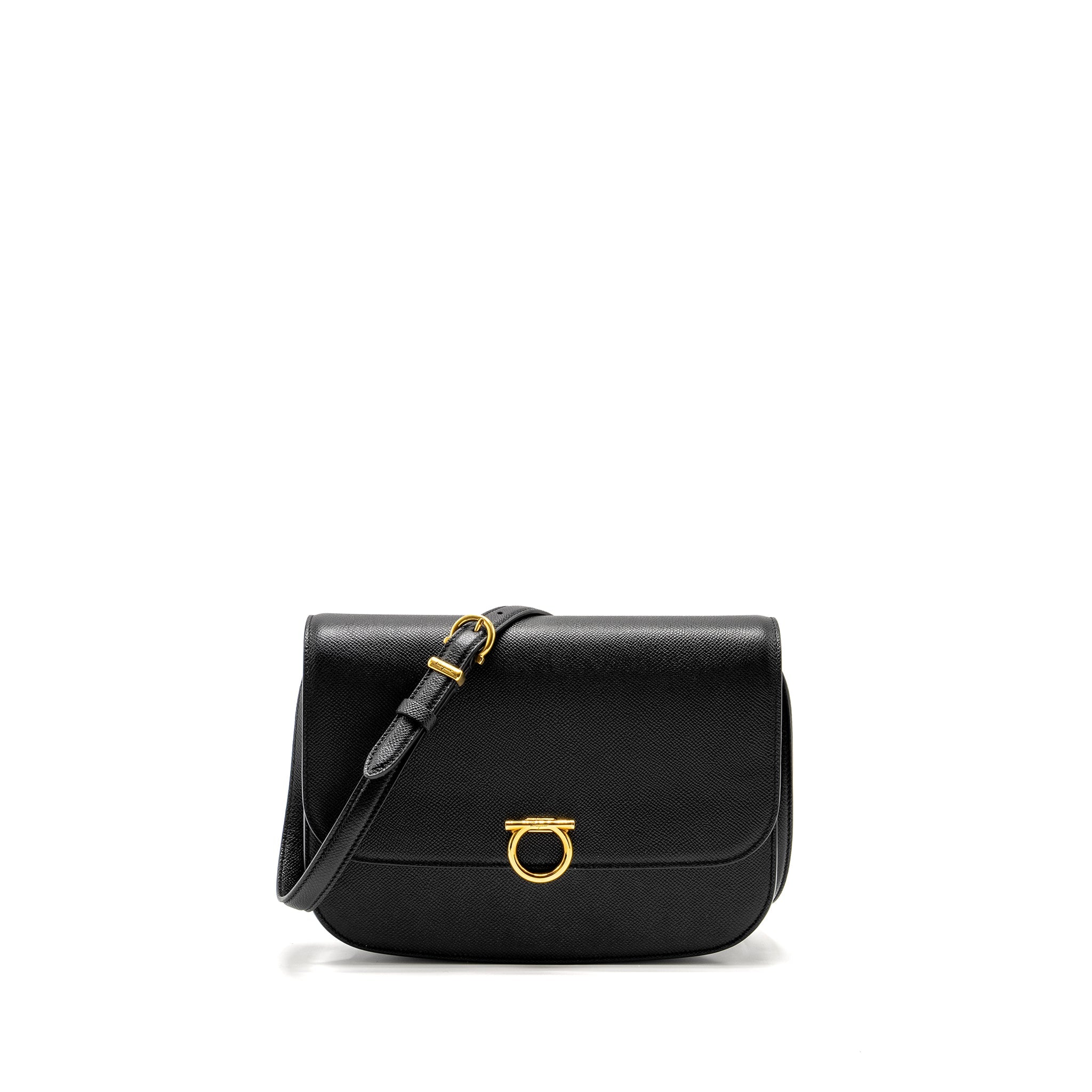 SALVATORE FERRAGAMO GANCINI ROUNDED FLAP BAG CALFSKIN BLACK GHW