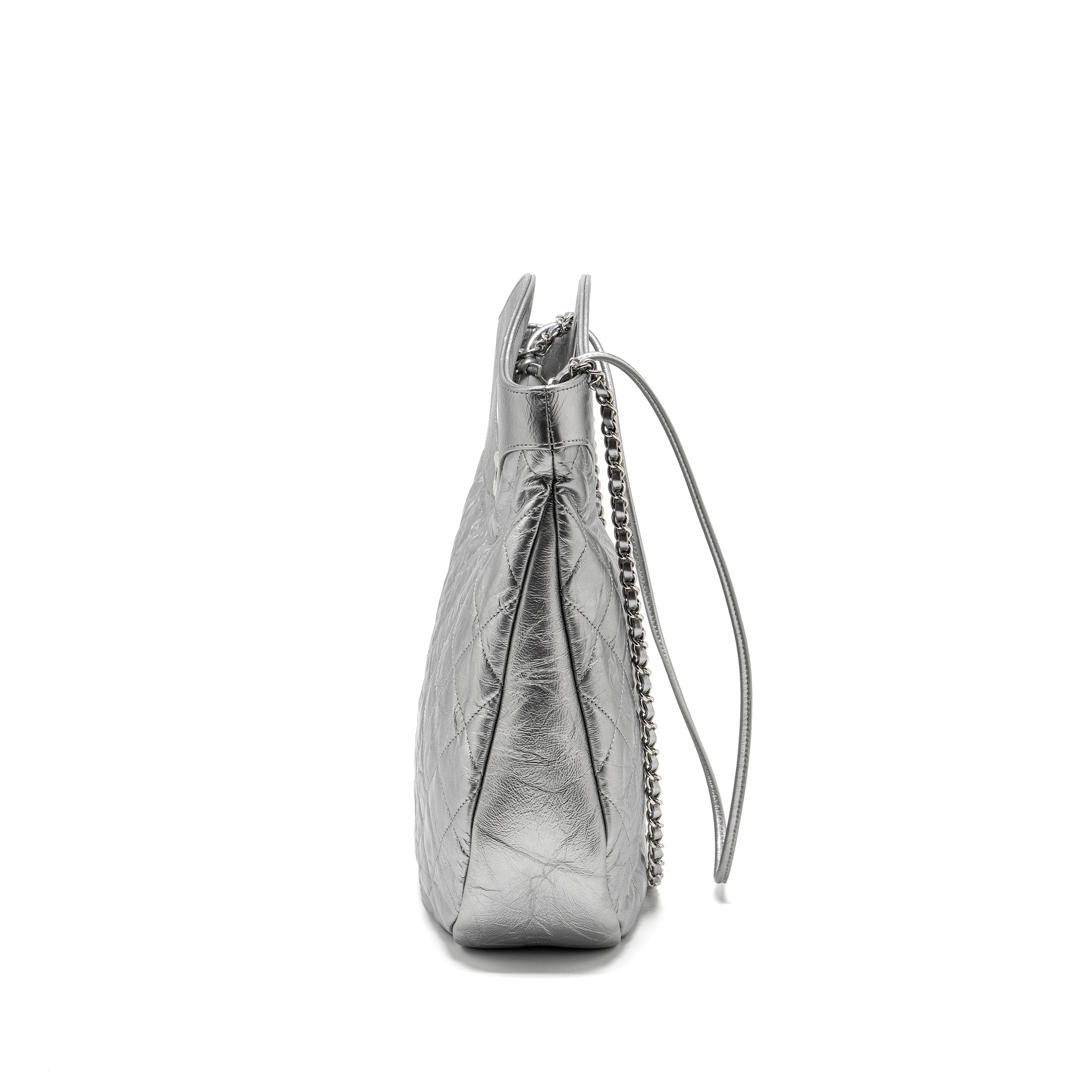CHANEL 31 BAG QUILTED CRUMPLED CALFSKIN METALLIC SILVER SHW