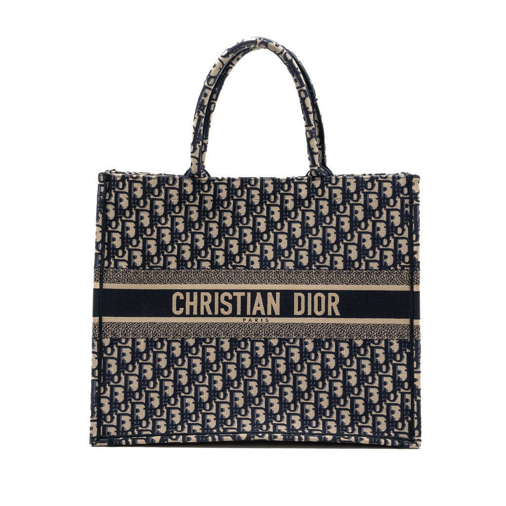 DIOR LARGE BOOK TOTE ECRU AND BLUE DIOR OBLIQUE EMBROIDERY