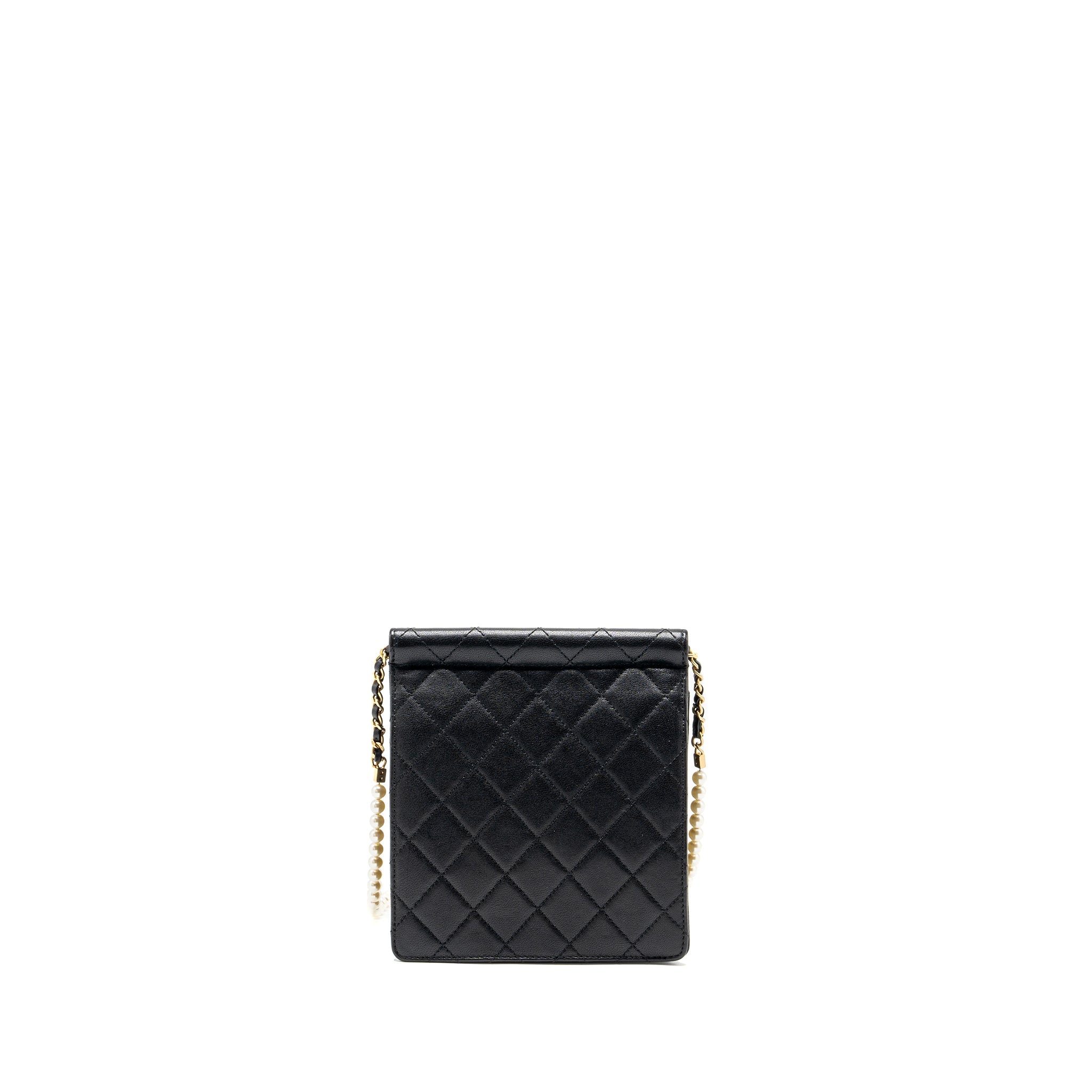 CHANEL PEARL CHAIN QUILTED VERTICAL FLAP BAG LAMBSKIN BLACK GHW