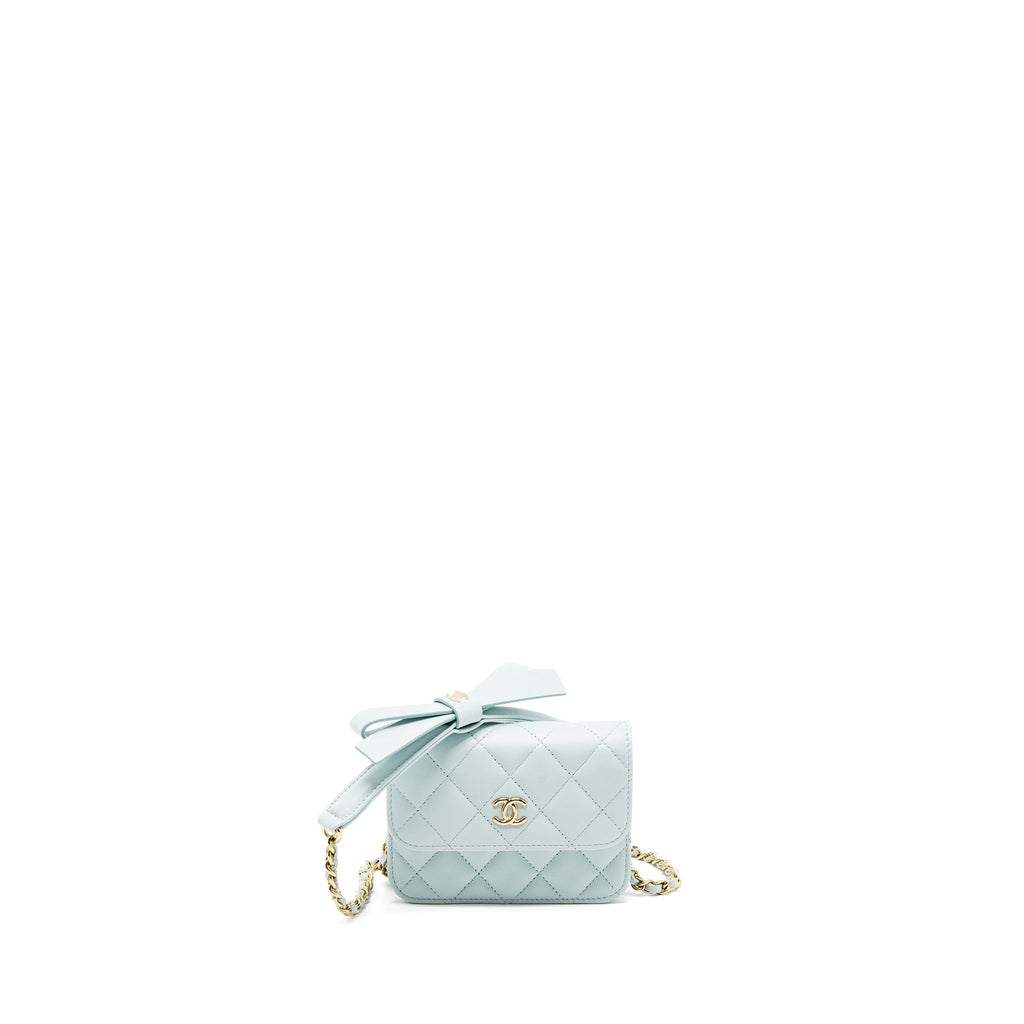 CHANEL MINI FLAP BAG RIBBON CHAINS LAMBSKIN LIGHT BLUE LGHW
