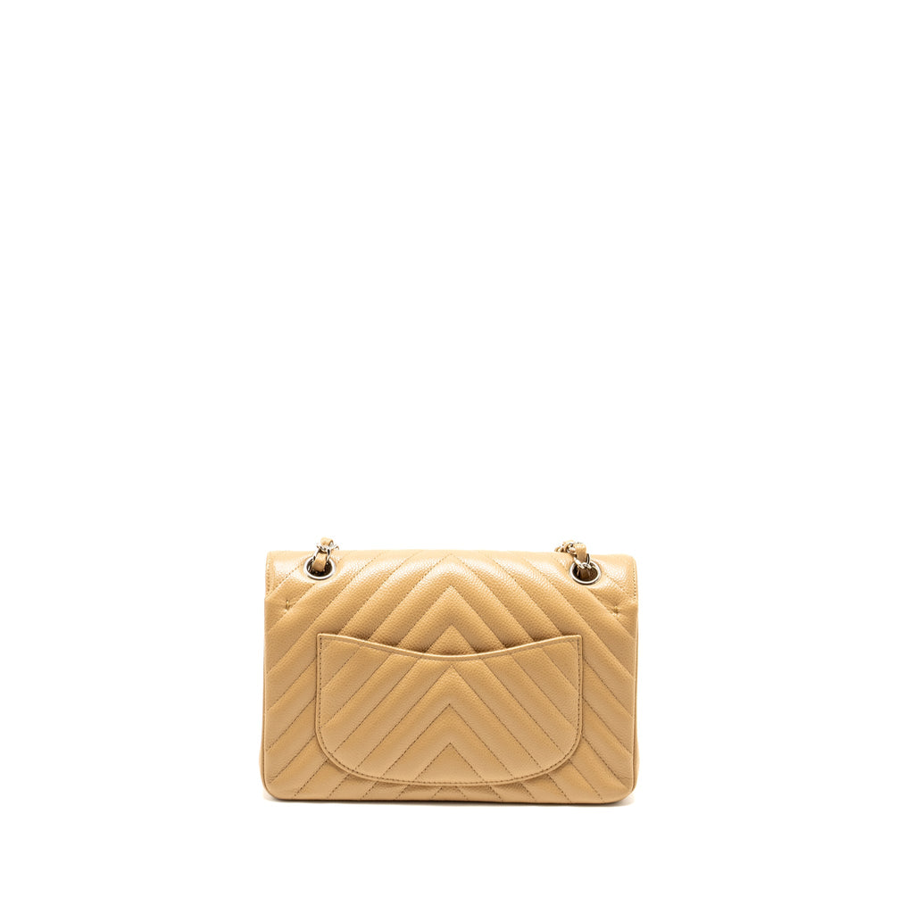 CHANEL SMALL CLASSIC DOUBLE FLAP BAG CHEVRON CAVIAR BEIGE SHW