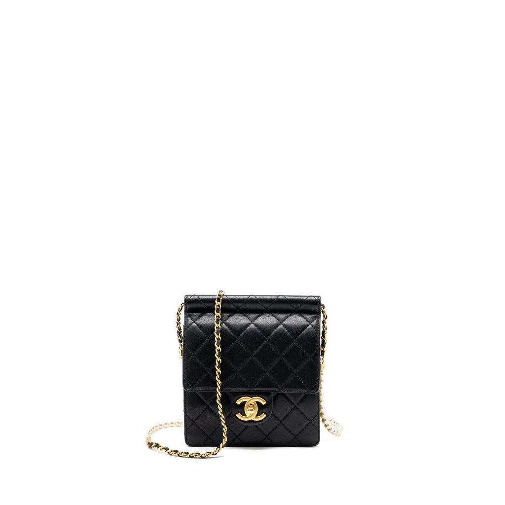 CHANEL PEARL CHAIN QUILTED VERTICAL FLAP BAG LAMBSKIN BLACK GHW