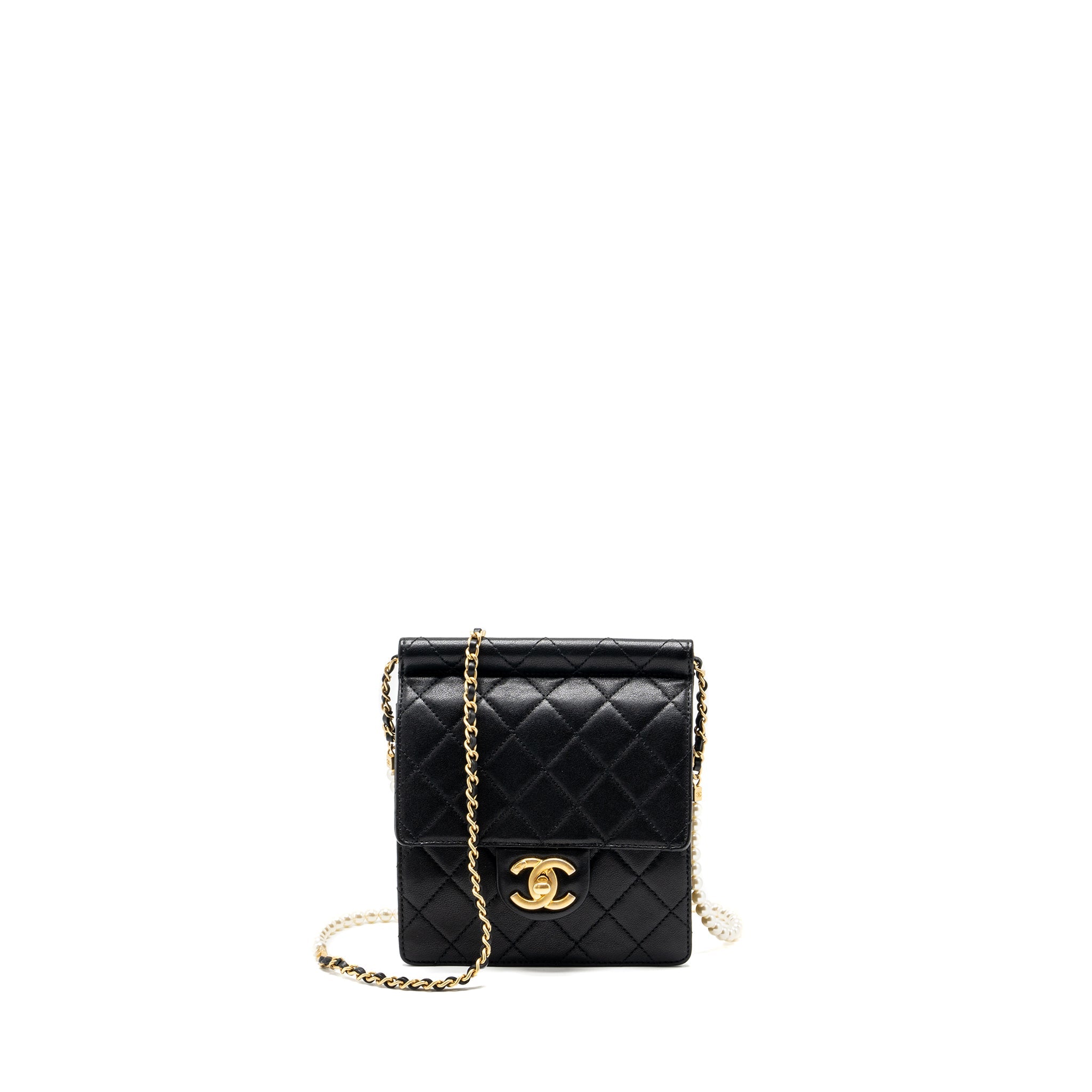 CHANEL PEARL CHAIN QUILTED VERTICAL FLAP BAG LAMBSKIN BLACK GHW