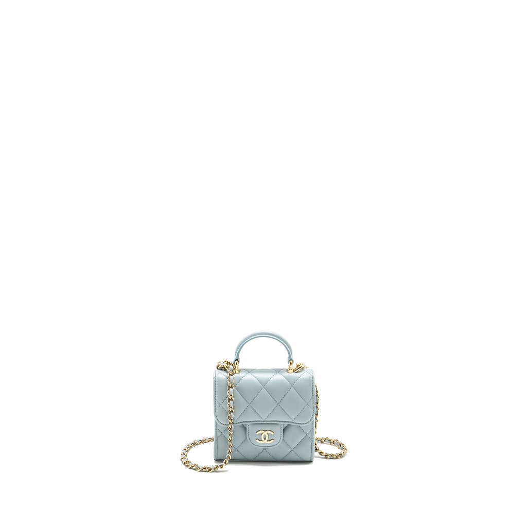 CHANEL TOP HANDLE MINI FLAP BAG LAMBSKIN LIGHT BLUE LGHW