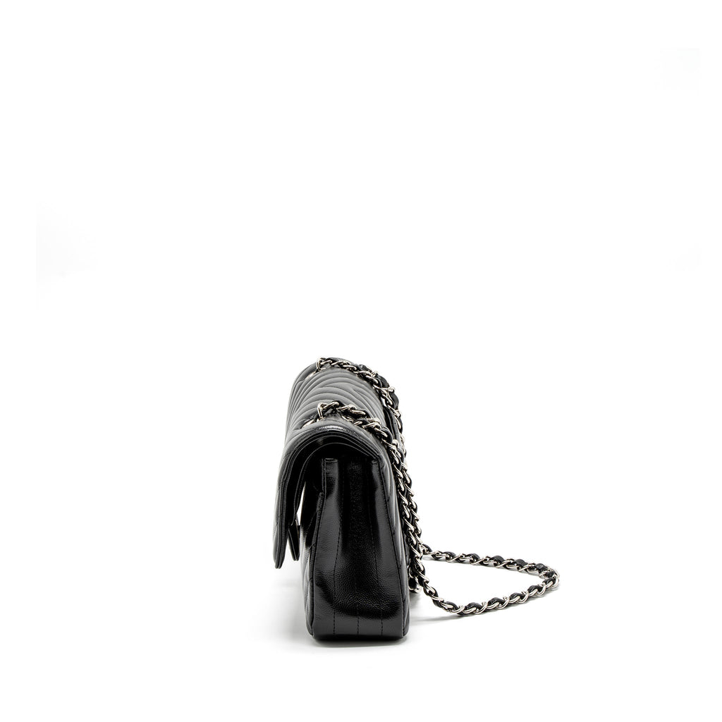 CHANEL MEDIUM CLASSIC DOUBLE FLAP BAG CHEVRON CAVIAR BLACK SHW