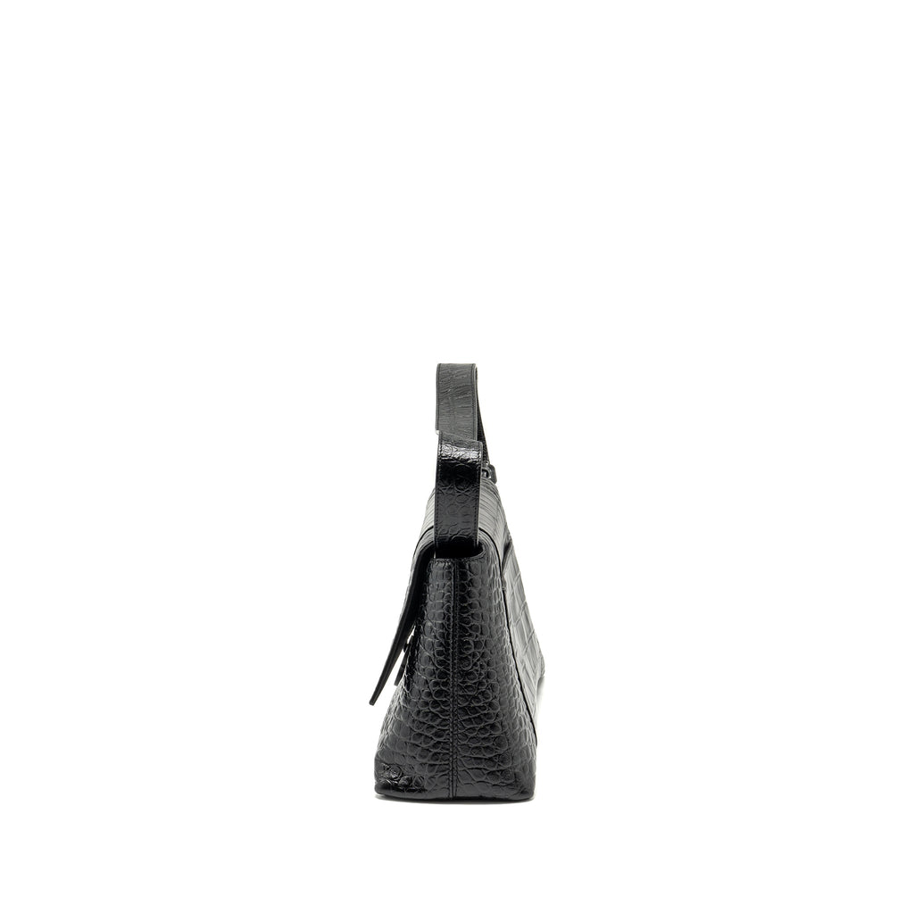 BALENCIAGA LIMITED EDITION DOWNTOWN SMALL SHOULDER BAG CROC-EMBOSSED CALFSKIN BLACK WITH BLACK HARDWARE