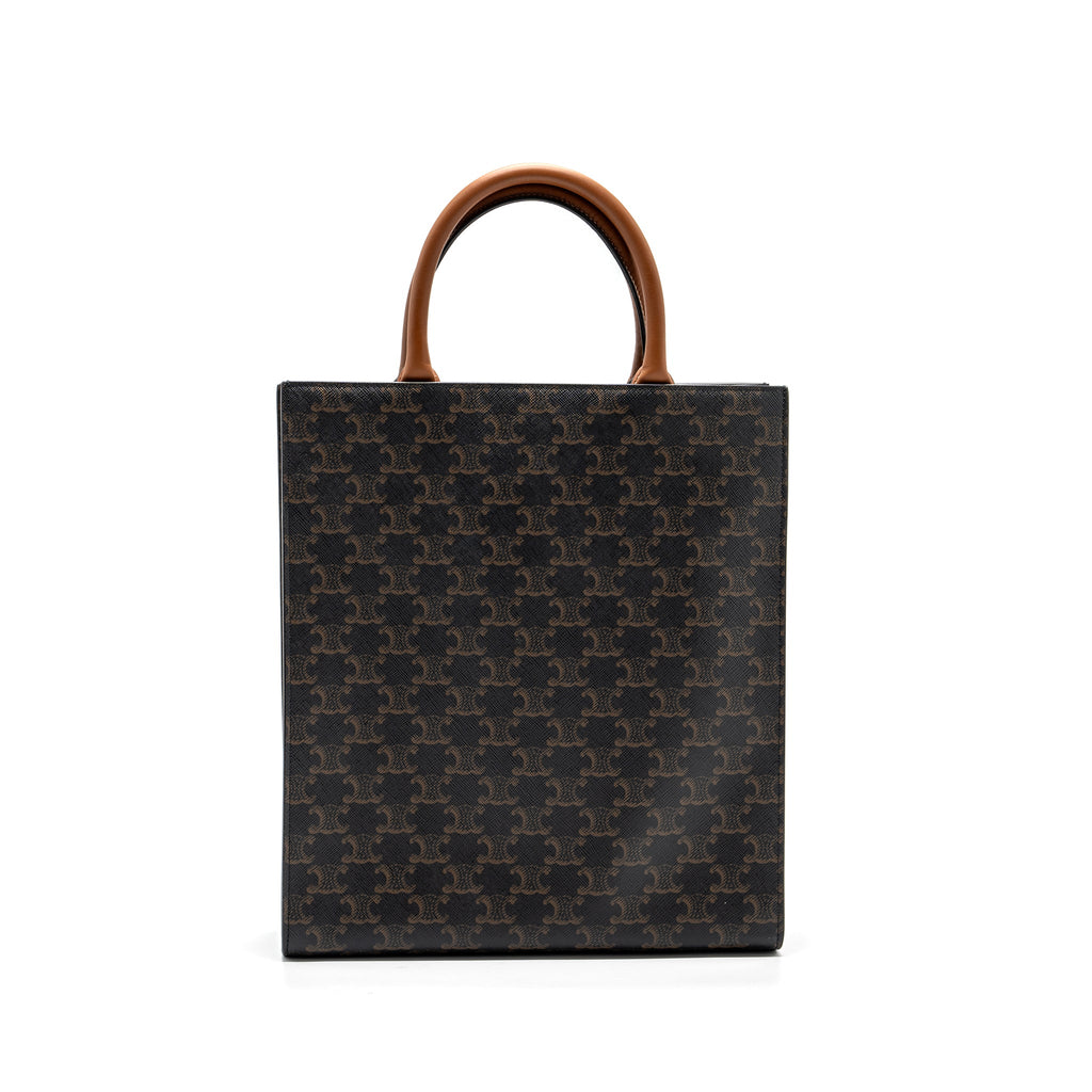CELINE CABAS VERTICAL IN TRIOMPHE CANVAS AND CALFSKIN TAN GHW