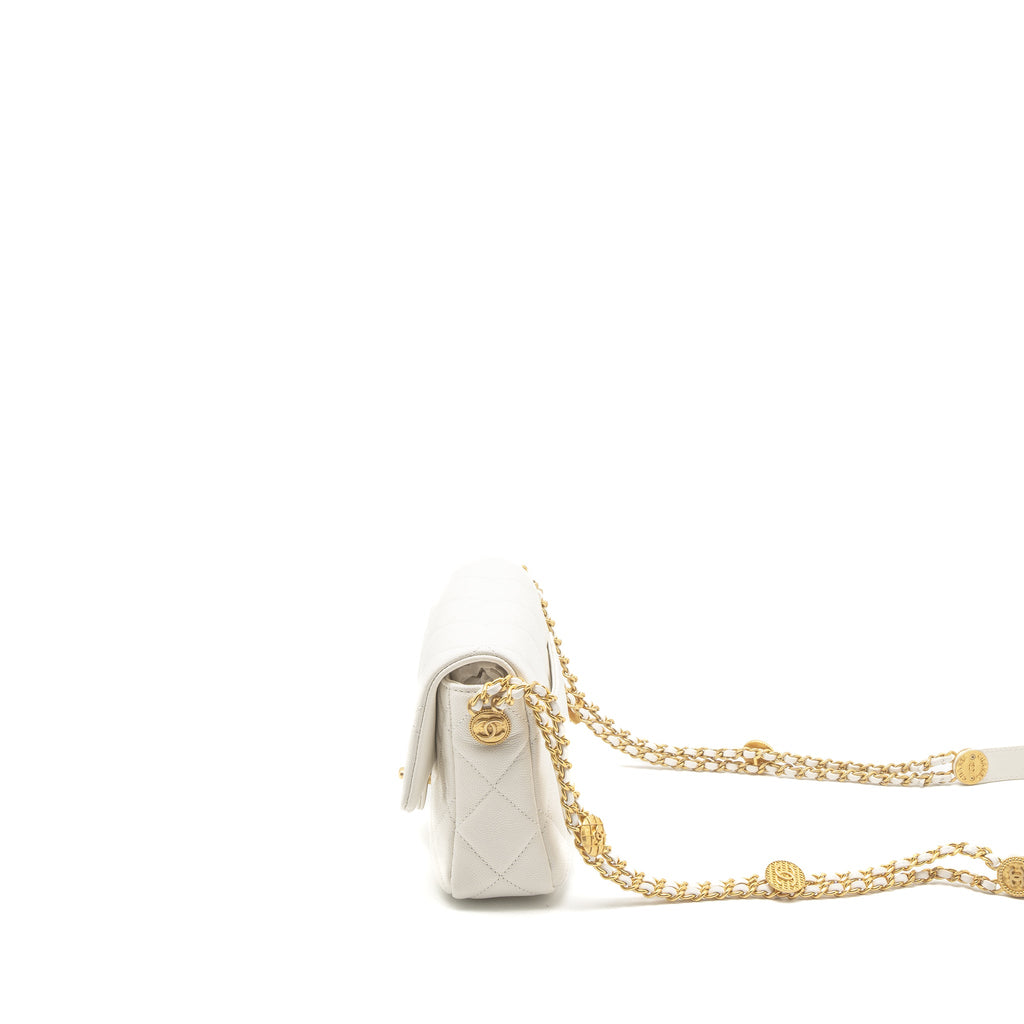 CHANEL 22A SMALL FLAP BAG BUTTON ON CHAIN CAVIAR WHITE BRUSHED GHW (MICROCHIP)