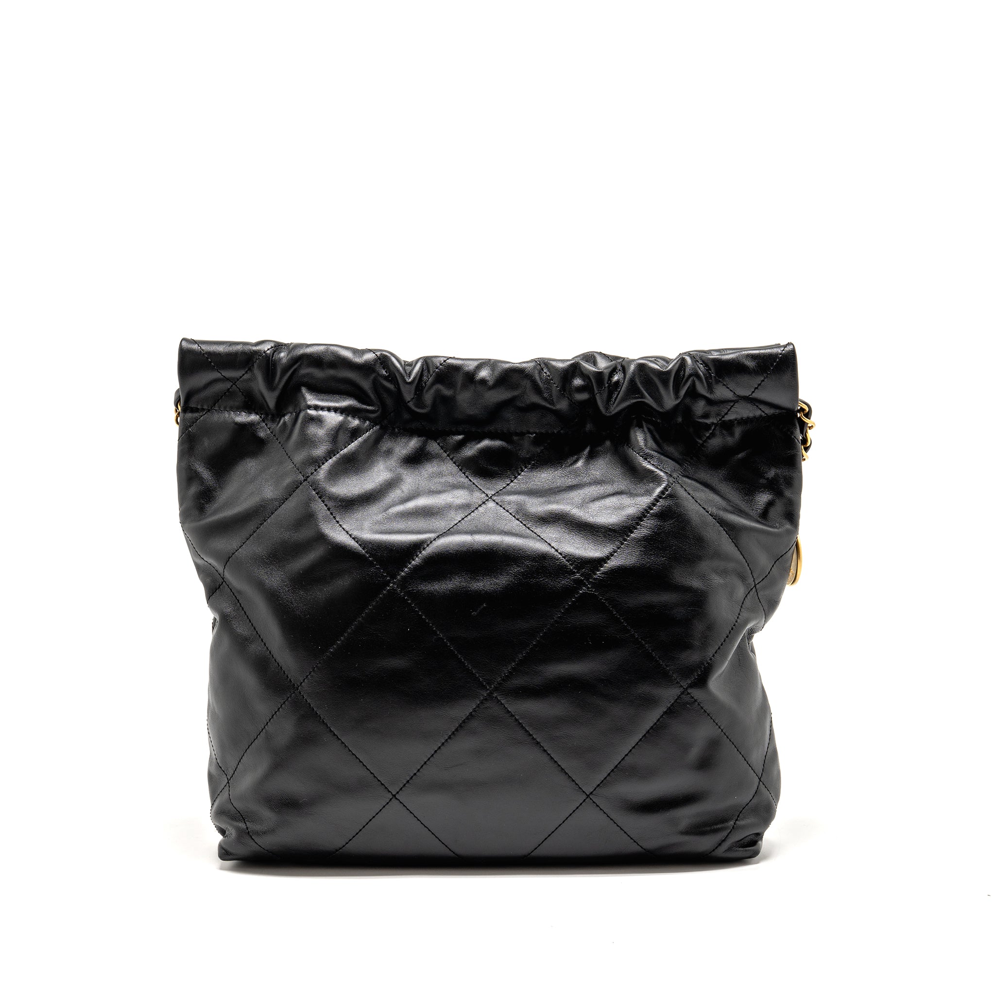 CHANEL SMALL 22 BAG GOLD LETTER SHINY CALFSKIN BLACK GHW (MICROCHIP)